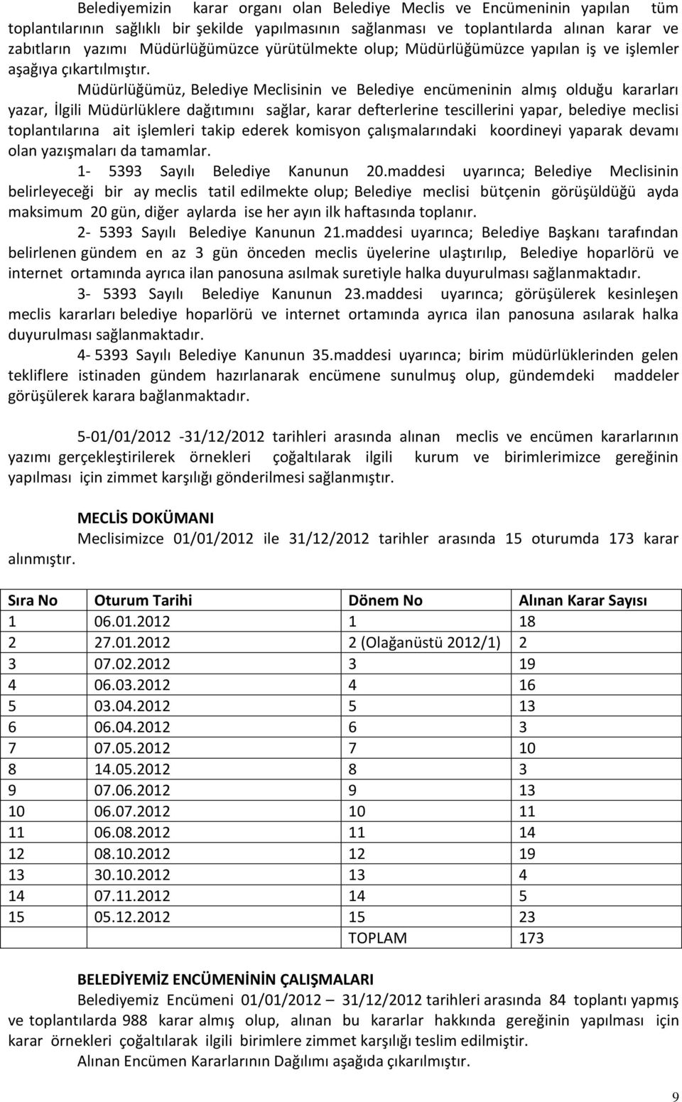 Müdürlüğümüz, Belediye Meclisinin ve Belediye encümeninin almış olduğu kararları yazar, İlgili Müdürlüklere dağıtımını sağlar, karar defterlerine tescillerini yapar, belediye meclisi toplantılarına