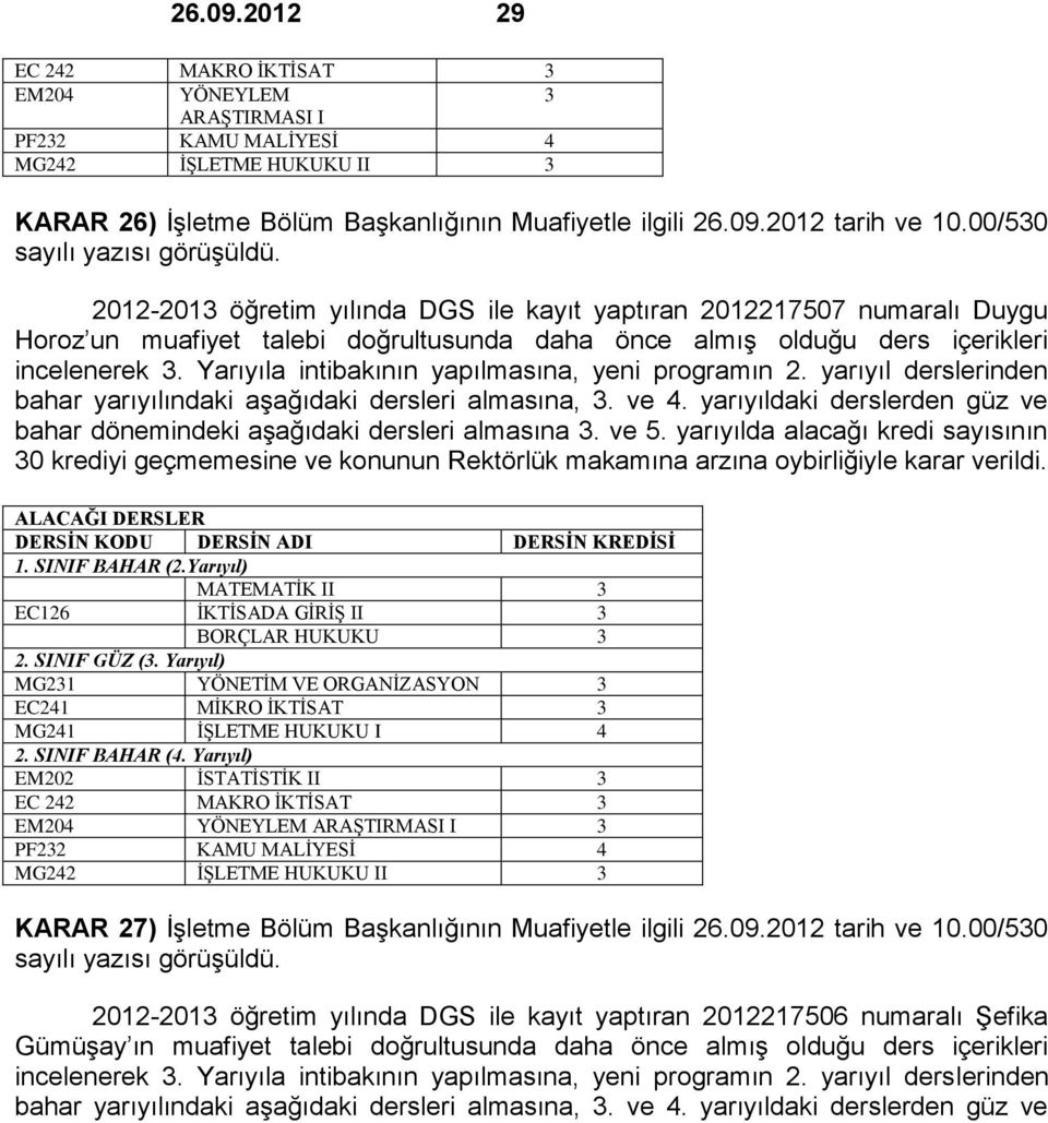 Yarıyıla intibakının yapılmasına, yeni programın 2. yarıyıl derslerinden bahar yarıyılındaki aşağıdaki dersleri almasına, 3. ve 4.