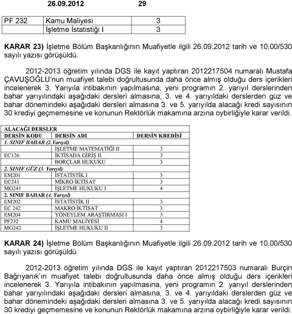 Yarıyıla intibakının yapılmasına, yeni programın 2. yarıyıl derslerinden bahar yarıyılındaki aşağıdaki dersleri almasına, 3. ve 4.