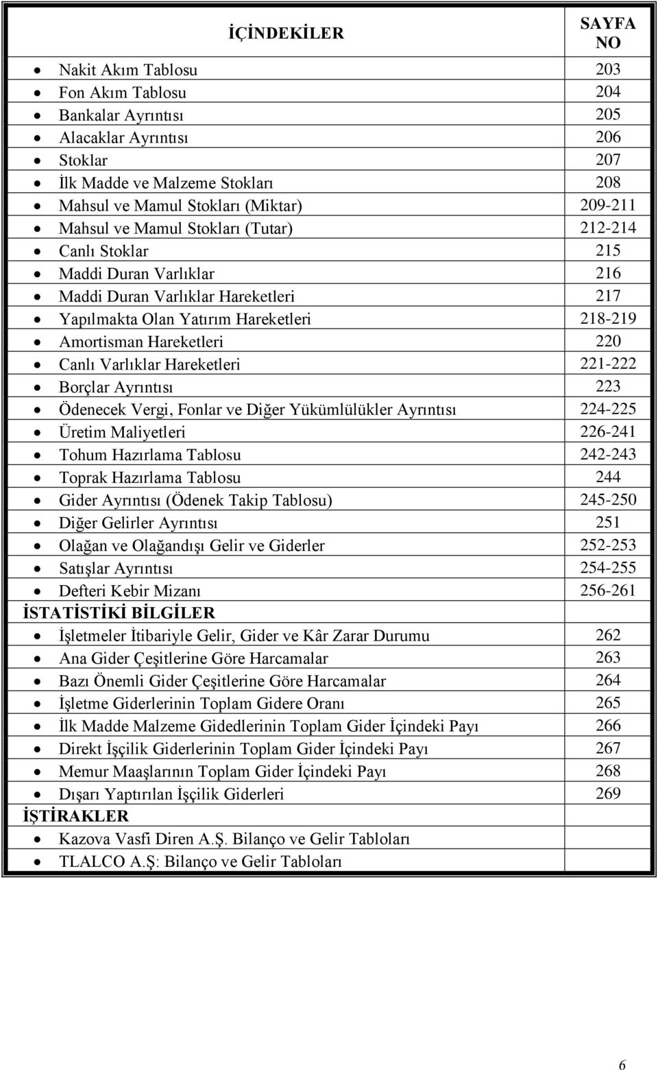 Varlıklar Hareketleri 221-222 Borçlar Ayrıntısı 223 Ödenecek Vergi, Fonlar ve Diğer Yükümlülükler Ayrıntısı 224-225 Üretim Maliyetleri 226-241 Tohum Hazırlama Tablosu 242-243 Toprak Hazırlama Tablosu