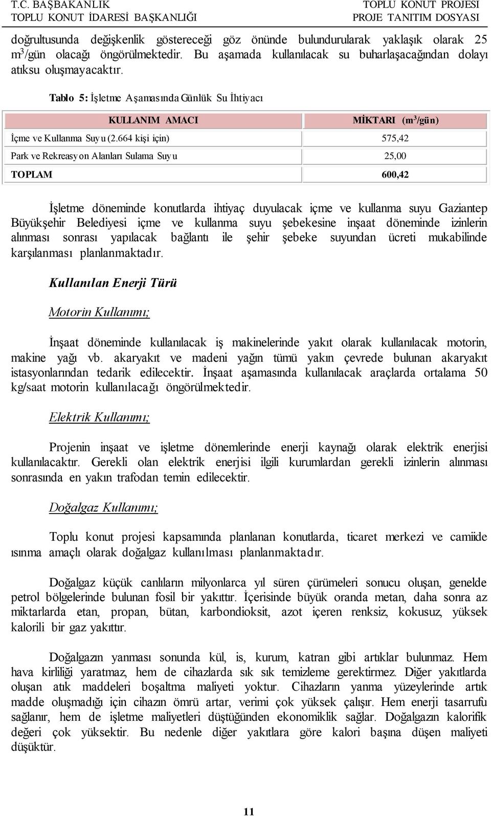 664 kişi için) 575,42 Park ve Rekreasyon Alanları Sulama Suyu 25,00 TOPLAM 600,42 İşletme döneminde konutlarda ihtiyaç duyulacak içme ve kullanma suyu Gaziantep Büyükşehir Belediyesi içme ve kullanma