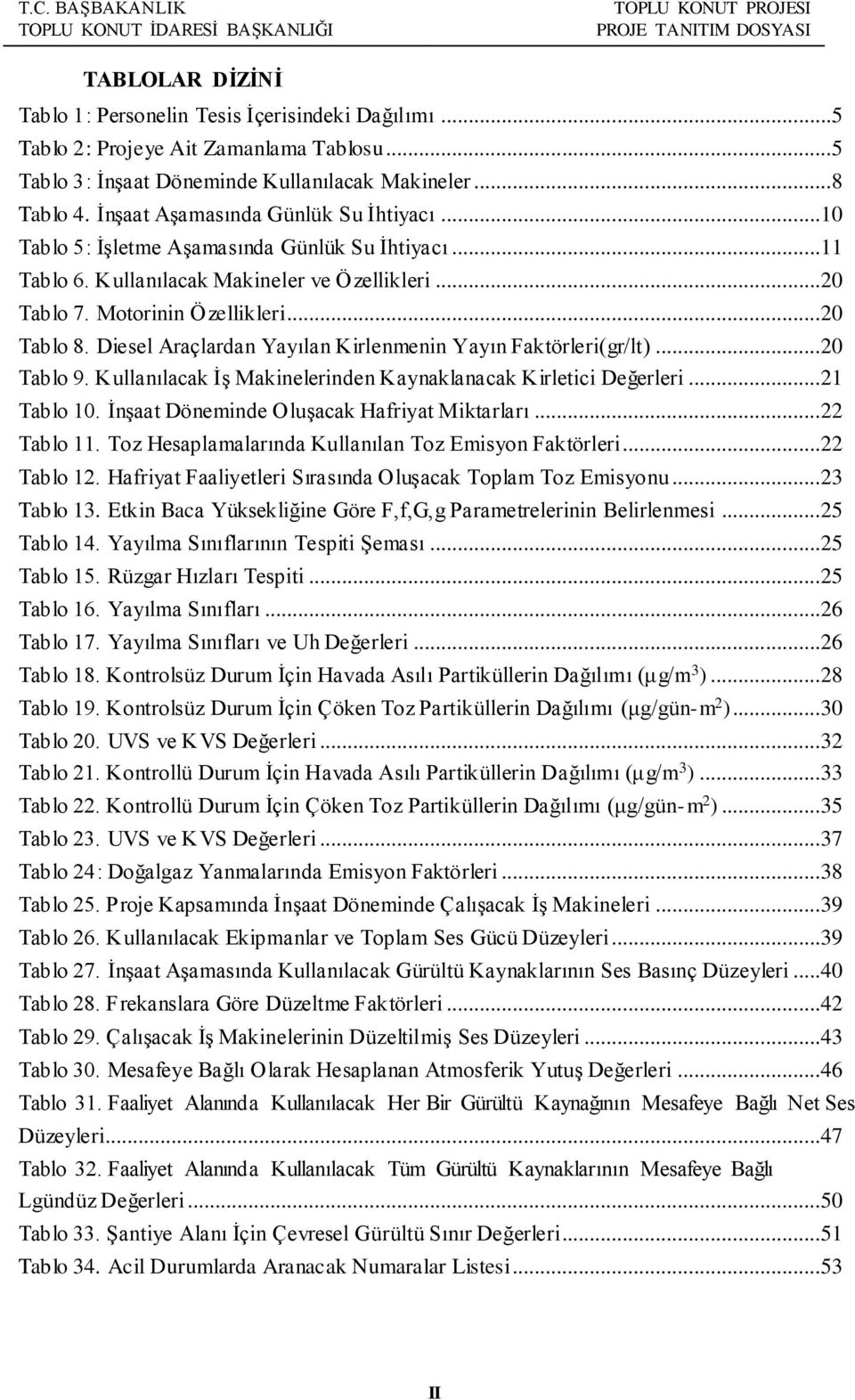 Diesel Araçlardan Yayılan Kirlenmenin Yayın Faktörleri(gr/lt)...20 Tablo 9. Kullanılacak İş Makinelerinden Kaynaklanacak Kirletici Değerleri...21 Tablo 10.