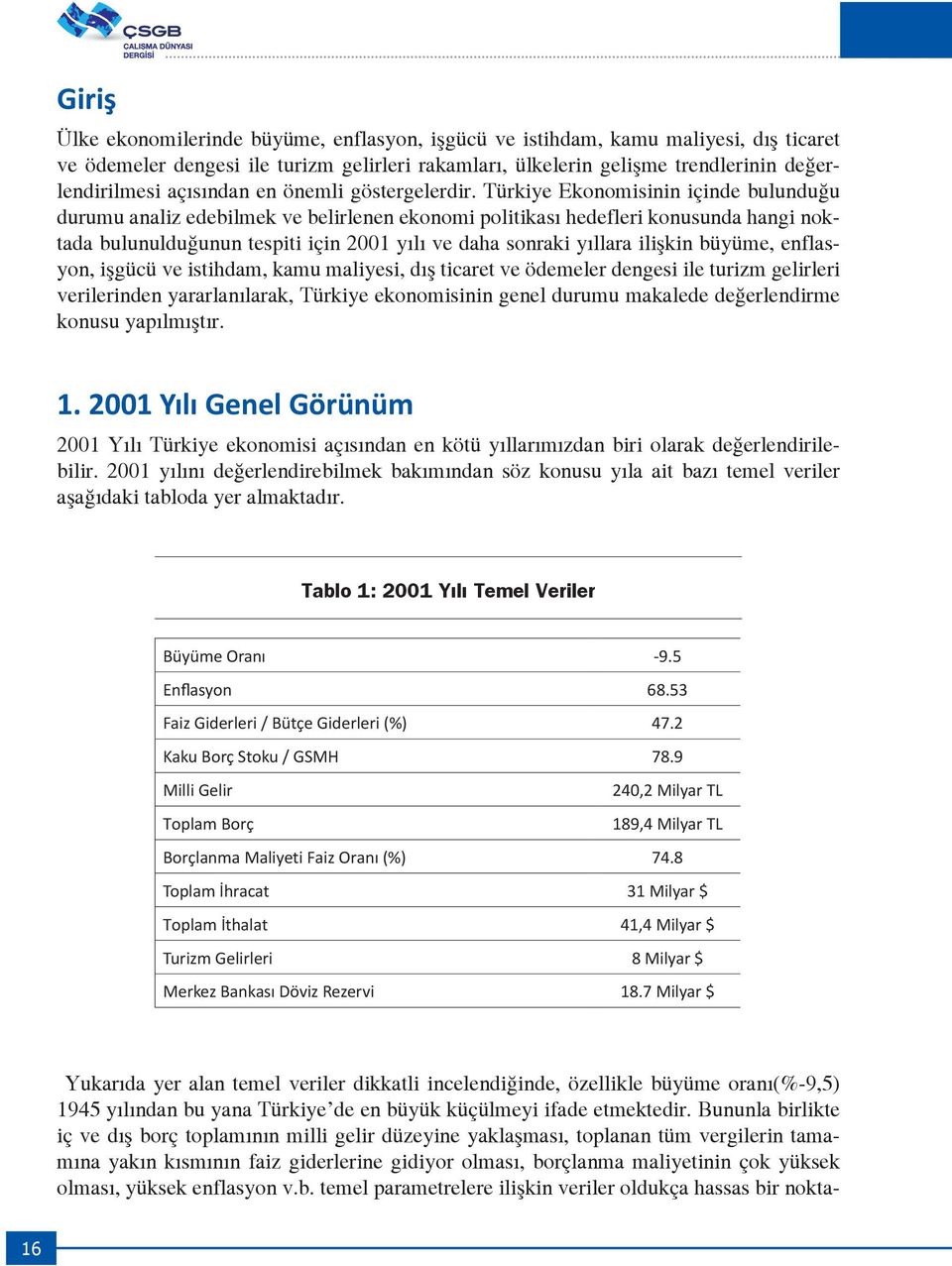 Türkiye Ekonomisinin içinde bulunduğu durumu analiz edebilmek ve belirlenen ekonomi politikası hedefleri konusunda hangi noktada bulunulduğunun tespiti için 2001 yılı ve daha sonraki yıllara ilişkin