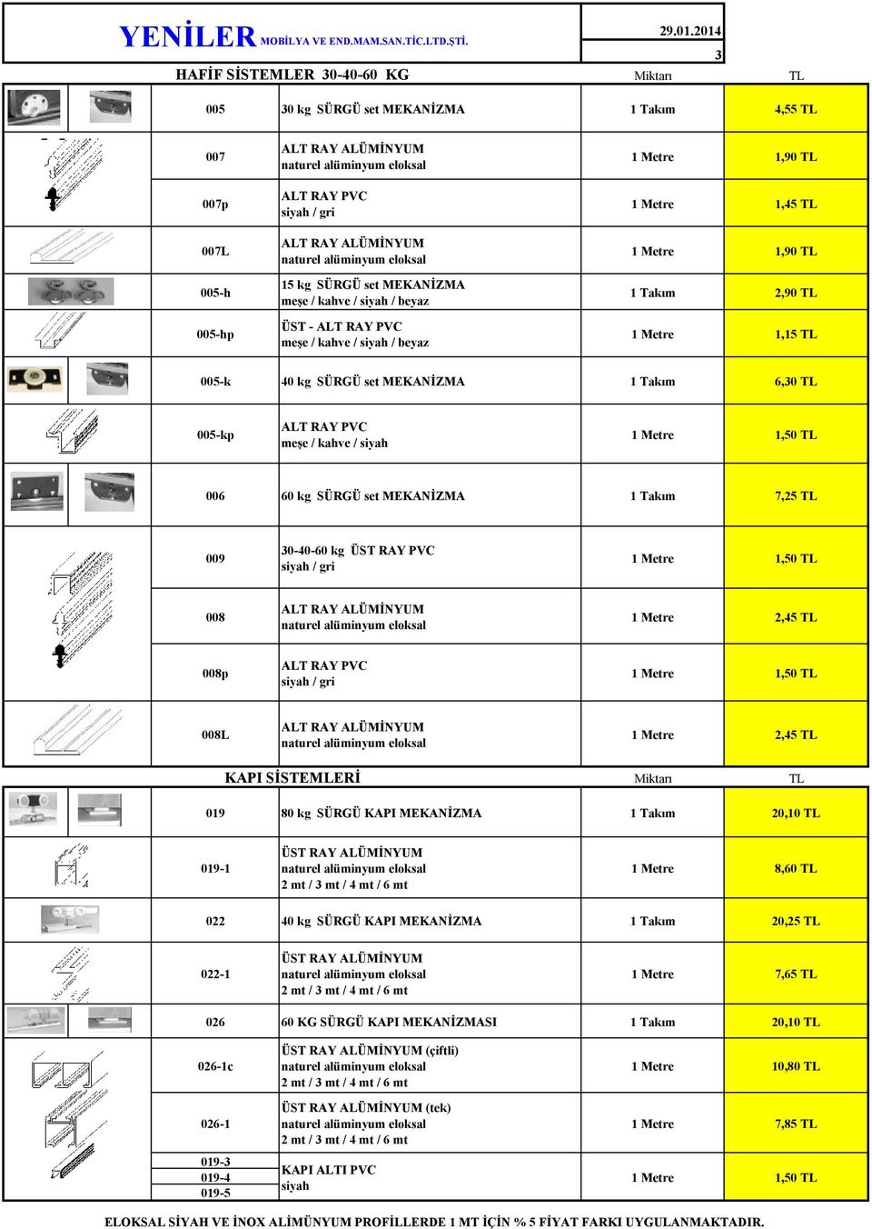 ALT RAY PVC meşe / kahve / siyah / beyaz 1,15 005-k 40 kg SÜRGÜ set MEKANİZMA 6,30 005-kp ALT RAY PVC meşe / kahve / siyah 1,50 006 60 kg SÜRGÜ set MEKANİZMA 7,25 009 30-40-60 kg ÜST RAY PVC siyah /