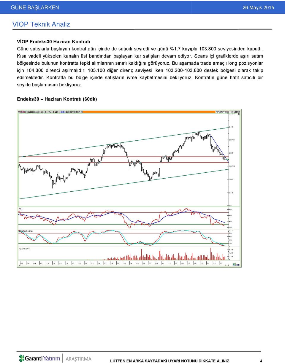 Seans içi grafiklerde aşırı satım bölgesinde bulunun kontratta tepki alımlarının sınırlı kaldığını görüyoruz. Bu aşamada trade amaçlı long pozisyonlar için 104.300 direnci aşılmalıdır.