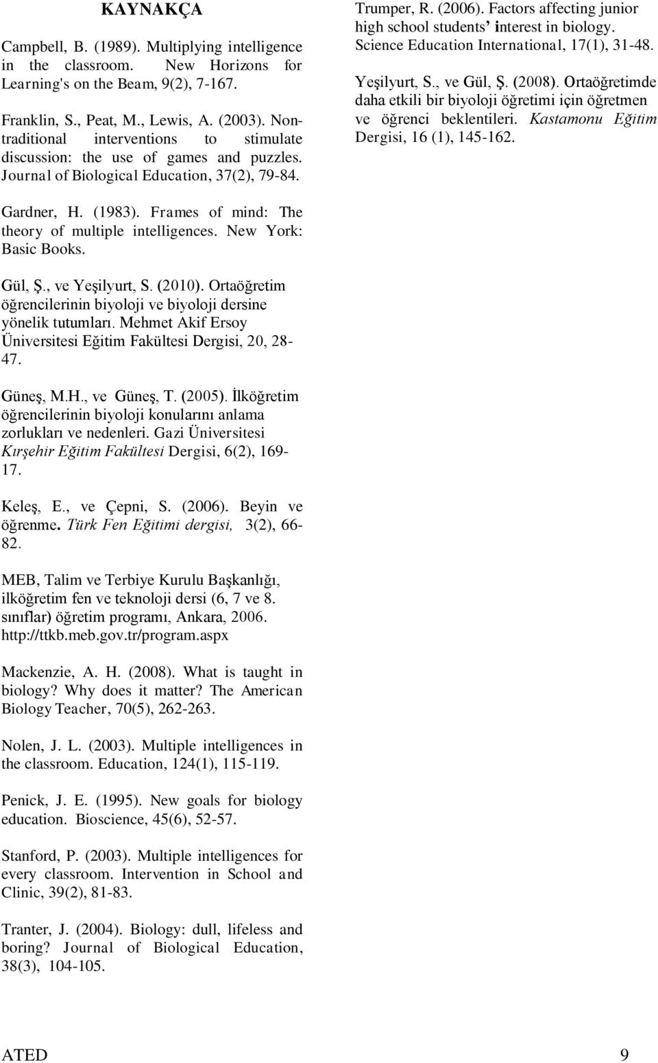 Factors affecting junior high school students interest in biology. Science Education International, 17(1), 31-48. Yeşilyurt, S., ve Gül, Ş. (2008).