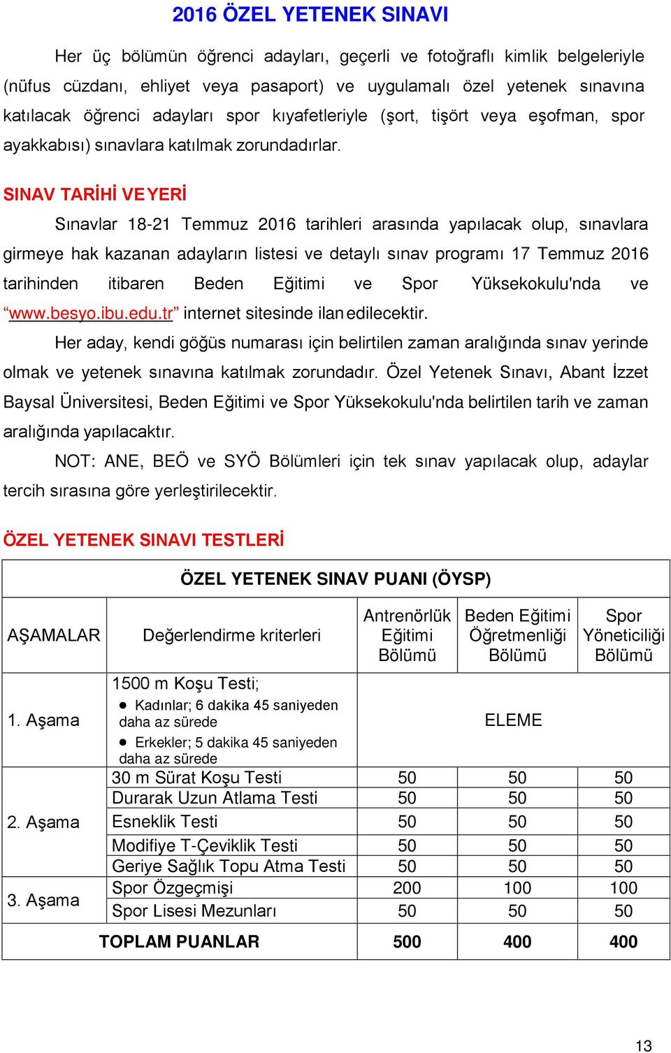 SINAV TARİHİ VE YERİ Sınavlar 18-21 Temmuz 2016 tarihleri arasında yapılacak olup, sınavlara girmeye hak kazanan adayların listesi ve detaylı sınav programı 17 Temmuz 2016 tarihinden itibaren Beden