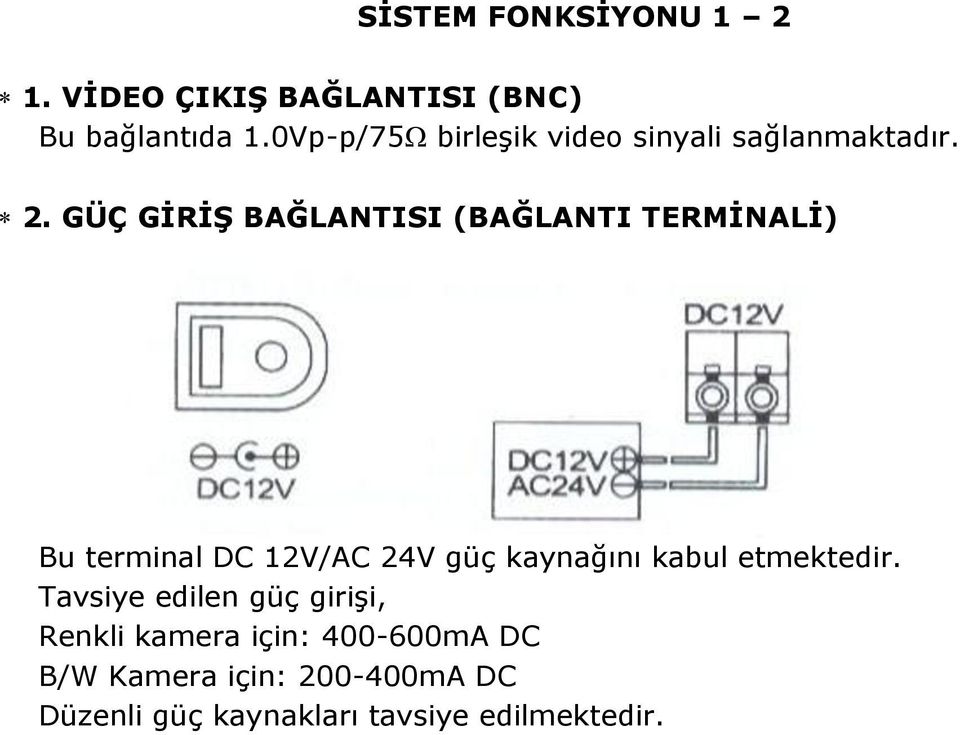 GÜÇ GİRİŞ BAĞLANTISI (BAĞLANTI TERMİNALİ) Bu terminal DC 12V/AC 24V güç kaynağını kabul