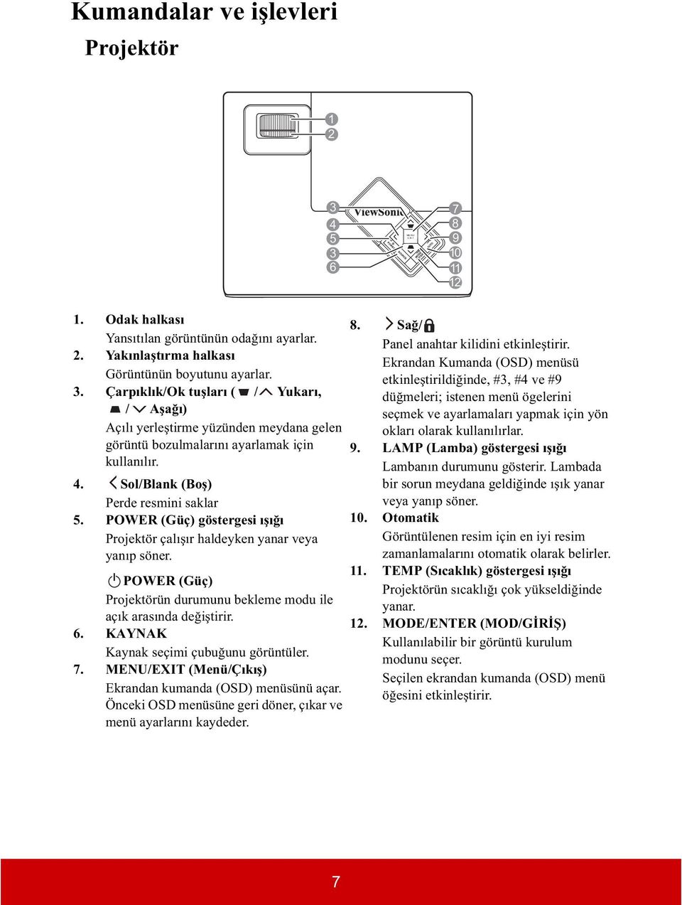 II POWER (Güç) Projektörün durumunu bekleme modu ile açık arasında de i tirir. 6. KAYNAK Kaynak seçimi çubu unu görüntüler. 7. MENU/EXIT (Menü/Çıkı ) Ekrandan kumanda (OSD) menüsünü açar.