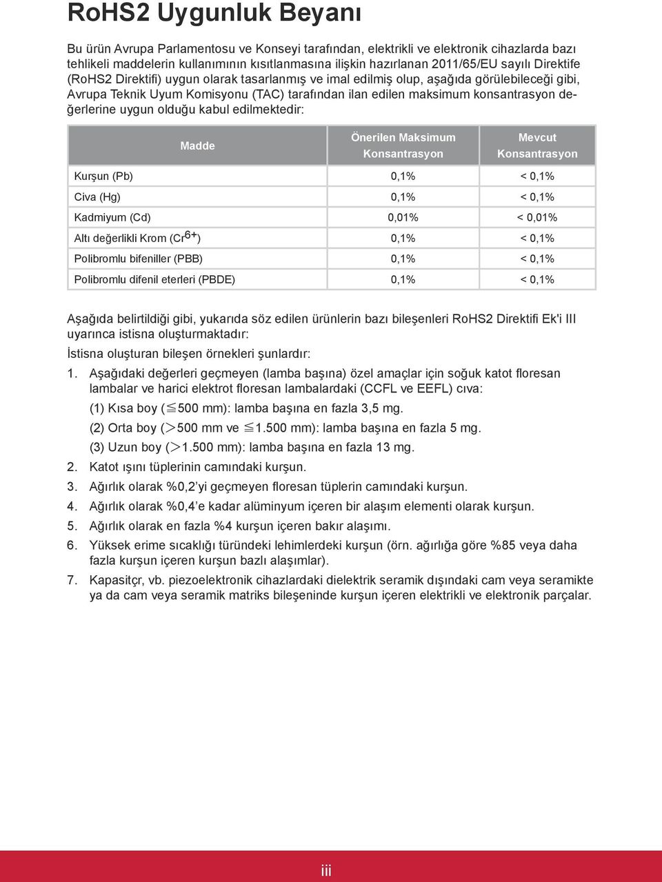 uygun olduğu kabul edilmektedir: Madde Önerilen Maksimum Konsantrasyon Mevcut Konsantrasyon Kurşun (Pb) 0,1% < 0,1% Civa (Hg) 0,1% < 0,1% Kadmiyum (Cd) 0,01% < 0,01% Altı değerlikli Krom (Cr 6+ )