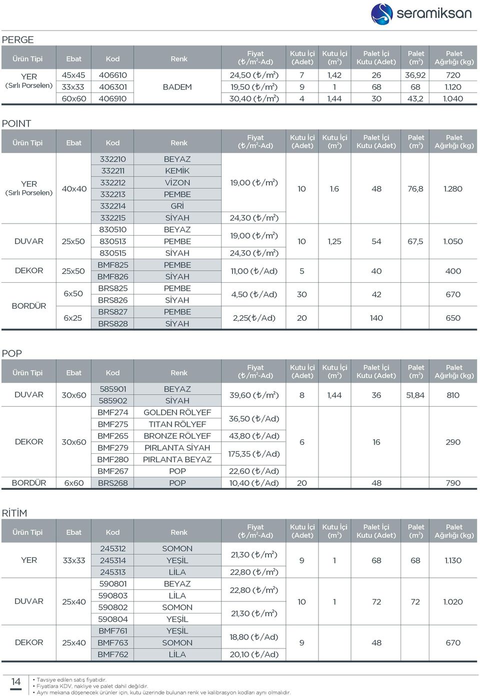 280 830510 BEYAZ 19,00 ( /m2) 25x50 830513 PEMBE 10 1,25 54 67,5 1.