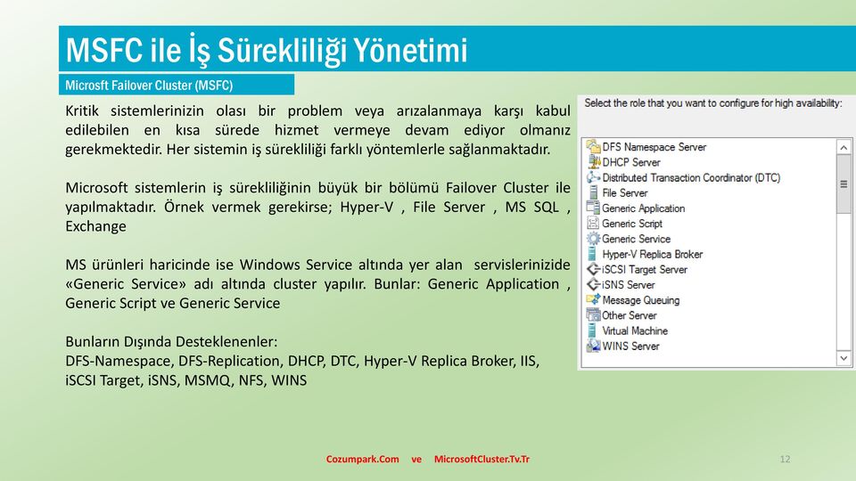 Örnek vermek gerekirse; Hyper-V, File Server, MS SQL, Exchange MS ürünleri haricinde ise Windows Service altında yer alan servislerinizide «Generic Service» adı altında cluster yapılır.