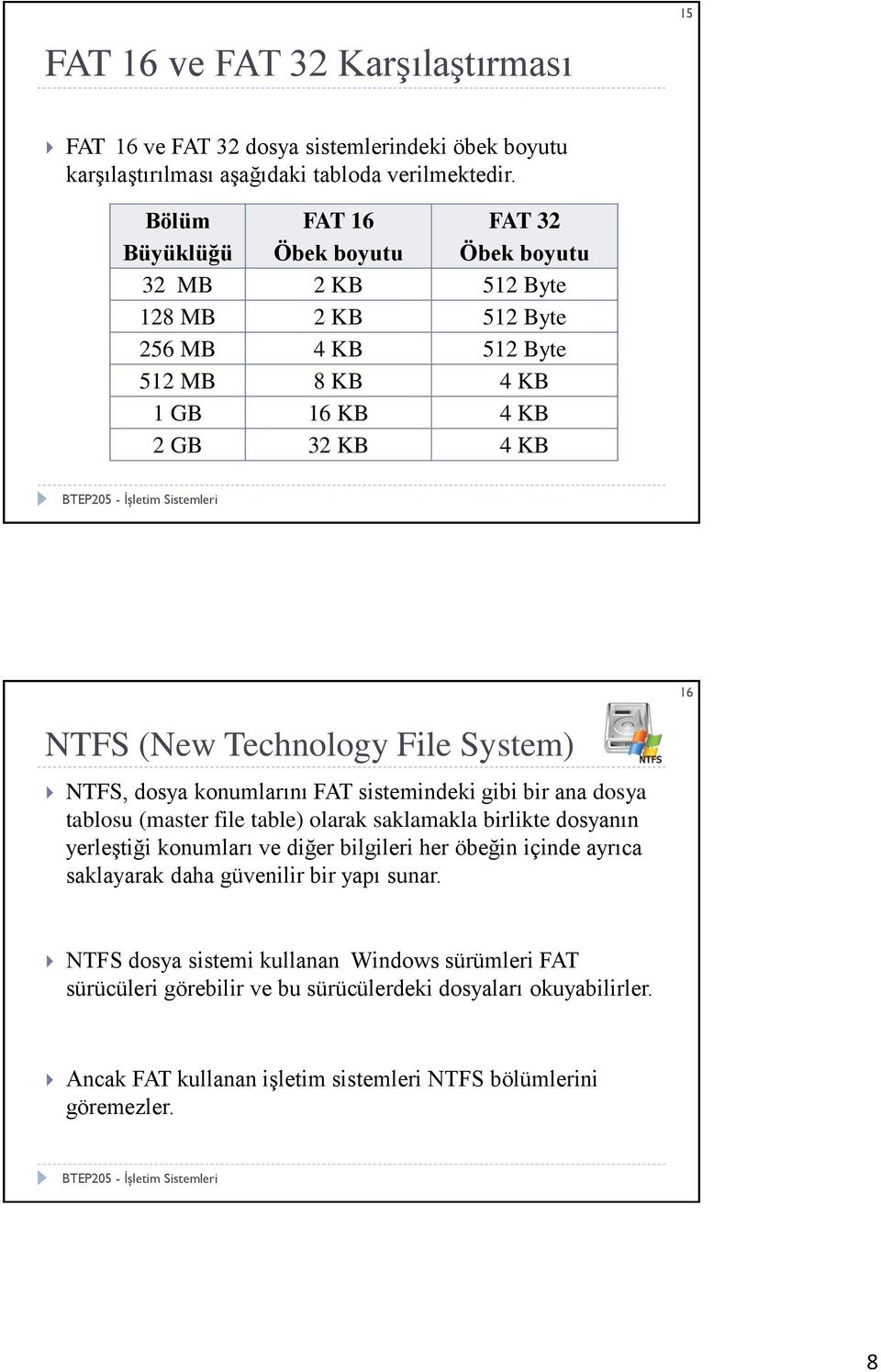 File System) NTFS, dosya konumlarını FAT sistemindeki gibi bir ana dosya tablosu (master file table) olarak saklamakla birlikte dosyanın yerleştiği konumları ve diğer bilgileri her öbeğin