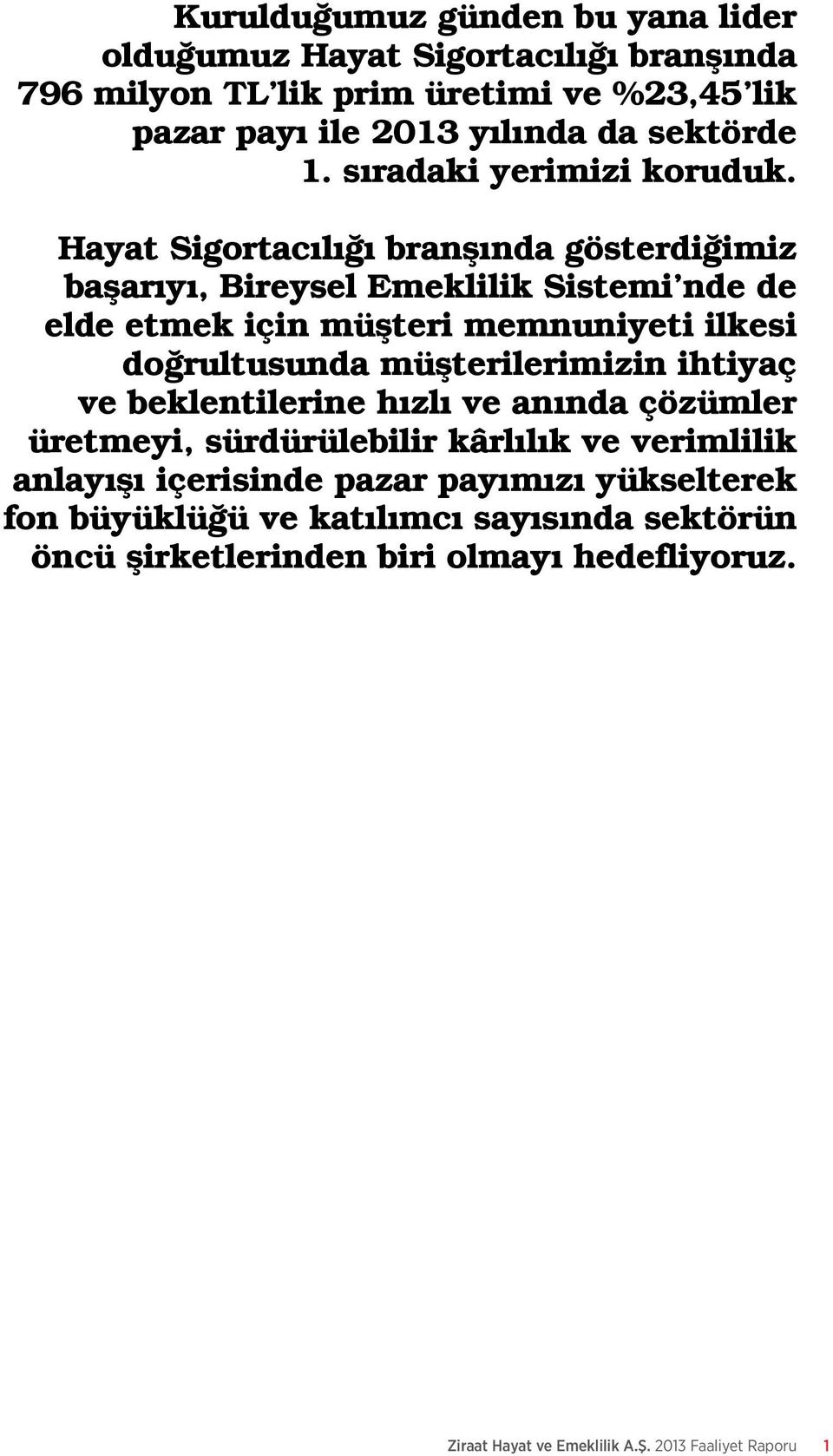 Hayat Sigortacılığı branşında gösterdiğimiz başarıyı, Bireysel Emeklilik Sistemi nde de elde etmek için müşteri memnuniyeti ilkesi doğrultusunda