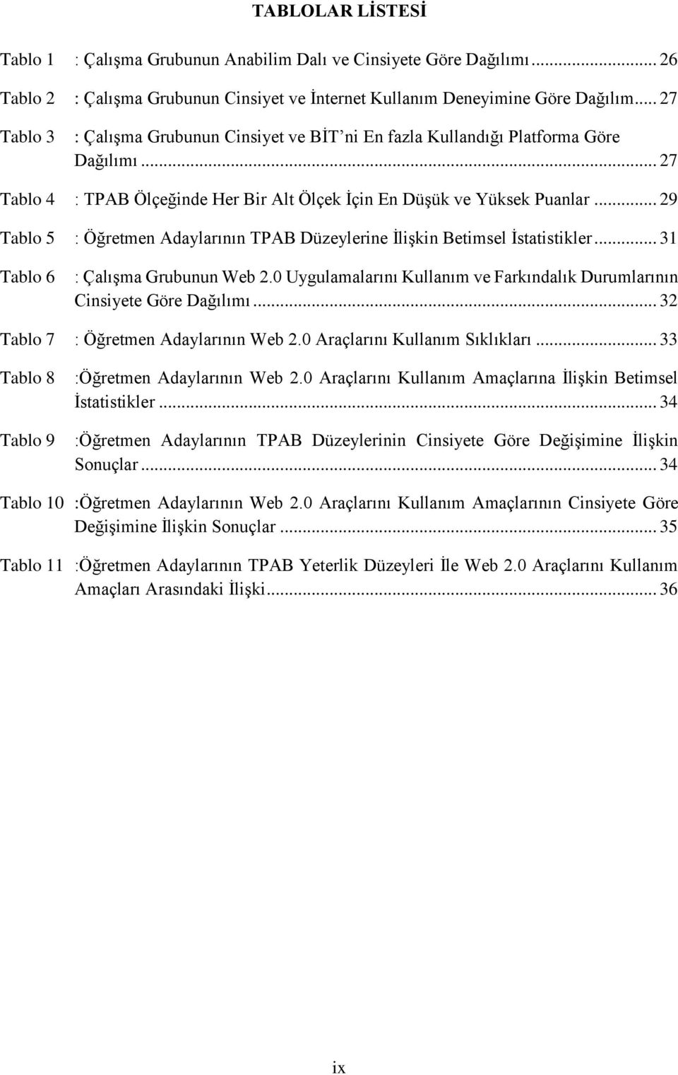 .. 29 Tablo 5 : Öğretmen Adaylarının TPAB Düzeylerine İlişkin Betimsel İstatistikler... 31 Tablo 6 : Çalışma Grubunun Web 2.