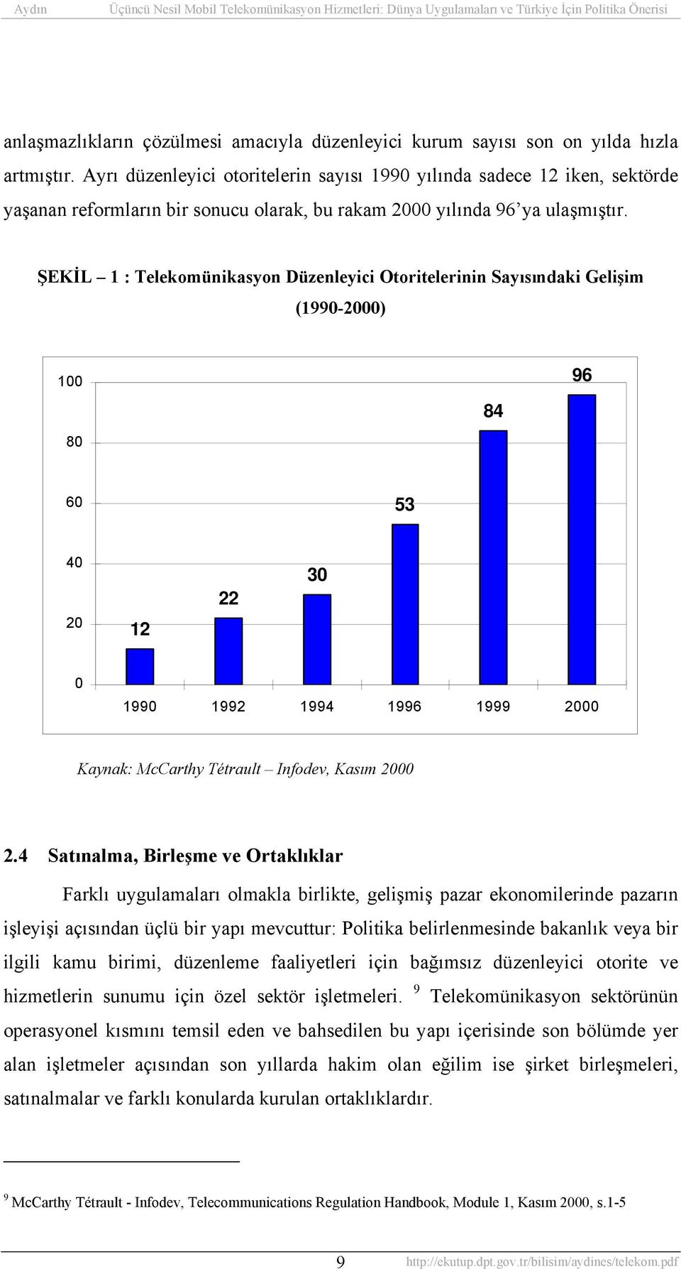 ŞEKİL 1 : Telekomünikasyon Düzenleyici Otoritelerinin Sayısındaki Gelişim (1990-2000) 100 80 84 96 60 53 40 20 12 22 30 0 1990 1992 1994 1996 1999 2000 Kaynak: McCarthy Tétrault Infodev, Kasım 2000 2.