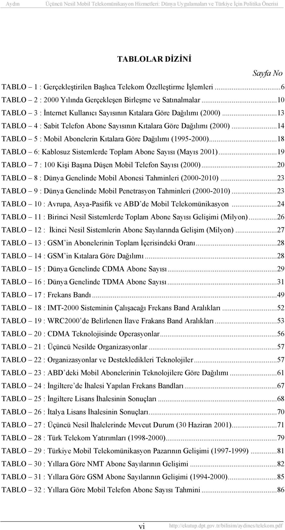 ..14 TABLO 5 : Mobil Abonelerin Kıtalara Göre Dağılımı (1995-2000)...18 TABLO 6: Kablosuz Sistemlerde Toplam Abone Sayısı (Mayıs 2001)...19 TABLO 7 : 100 Kişi Başına Düşen Mobil Telefon Sayısı (2000).