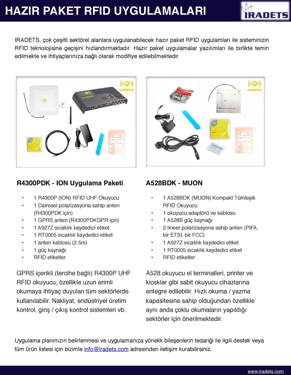 R4300PDK - ION Uygulama Paketi 1 R4300P (ION) RFID UHF Okuyucu 1 Dairesel polarizasyona sahip anten (R4300PDK için) 1 GPRS anten (R4300PDKGPR için) 1 A927Z sıcaklık kaydedici etiket 1 RT0005 sıcaklık
