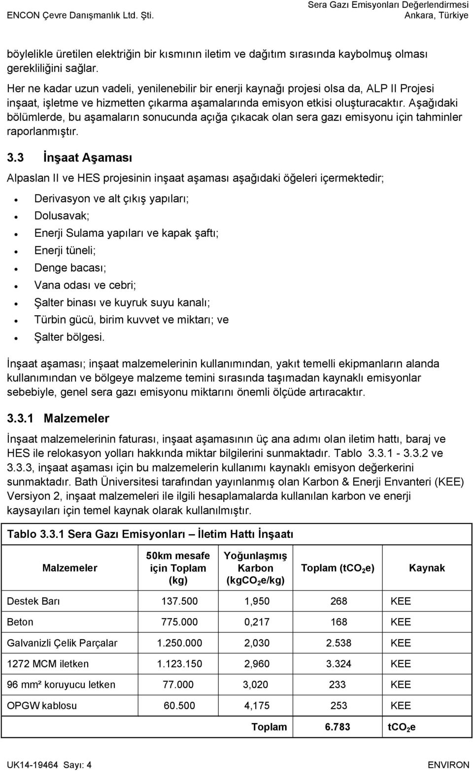 Aşağıdaki bölümlerde, bu aşamaların sonucunda açığa çıkacak olan sera gazı emisyonu için tahminler raporlanmıştır. 3.