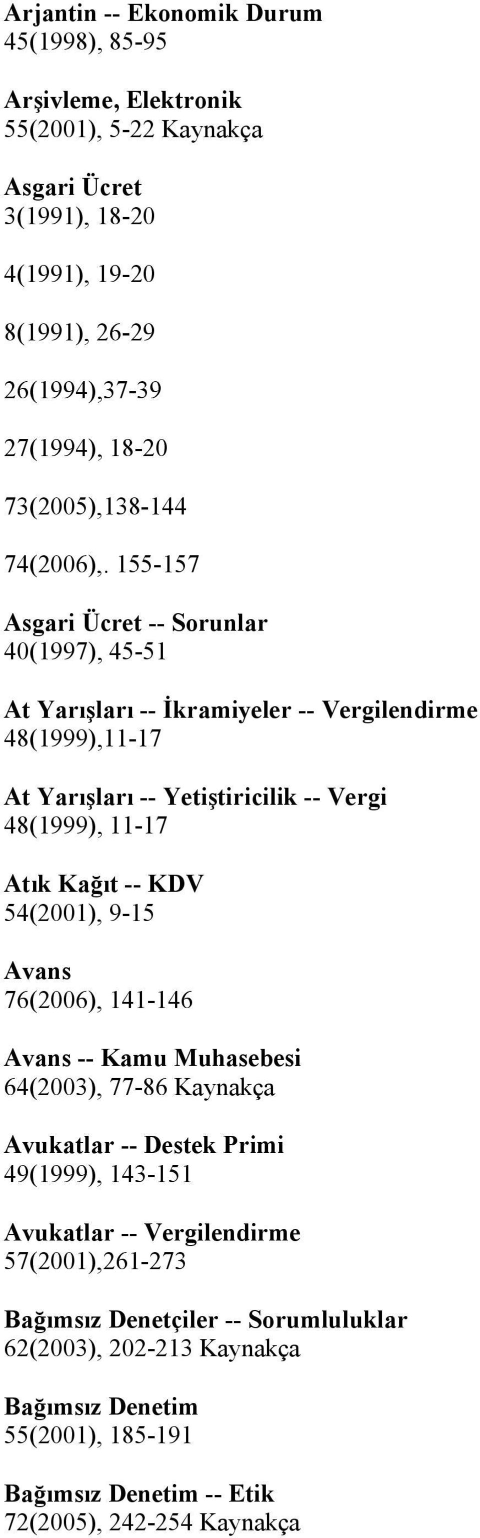 155-157 Asgari Ücret -- Sorunlar 40(1997), 45-51 At Yarışları -- İkramiyeler -- Vergilendirme 48(1999),11-17 At Yarışları -- Yetiştiricilik -- Vergi 48(1999), 11-17 Atık