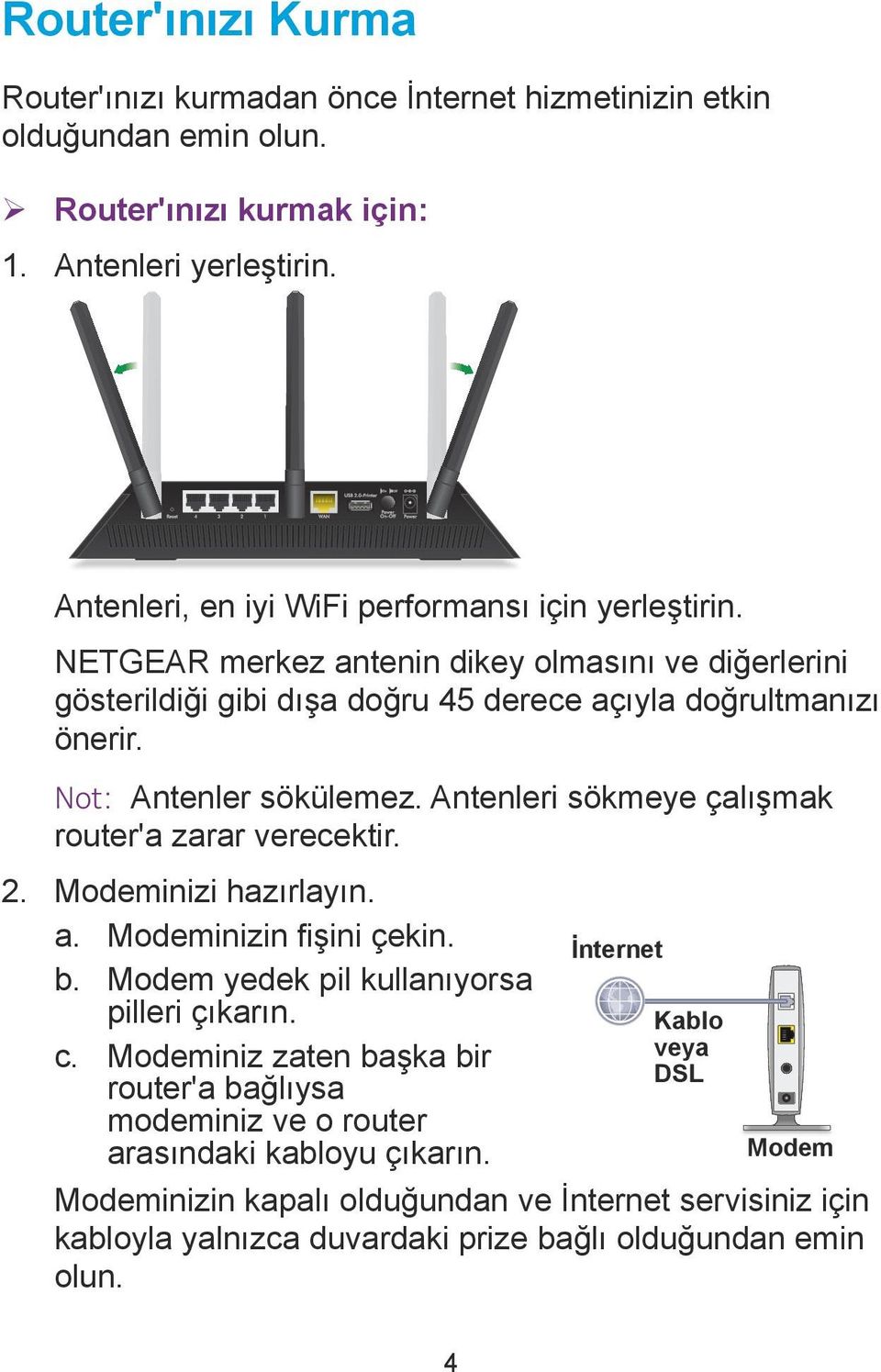 Not: Antenler sökülemez. Antenleri sökmeye çalışmak router'a zarar verecektir. 2. Modeminizi hazırlayın. a. Modeminizin fişini çekin. b. Modem yedek pil kullanıyorsa pilleri çıkarın. c.