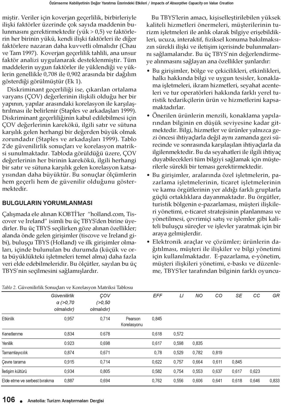 diğer faktörlere nazaran daha kuvvetli olmalıdır (Chau ve Tam 1997). Koverjan geçerlilik tahlili, ana unsur faktör analizi uygulanarak desteklenmiştir.