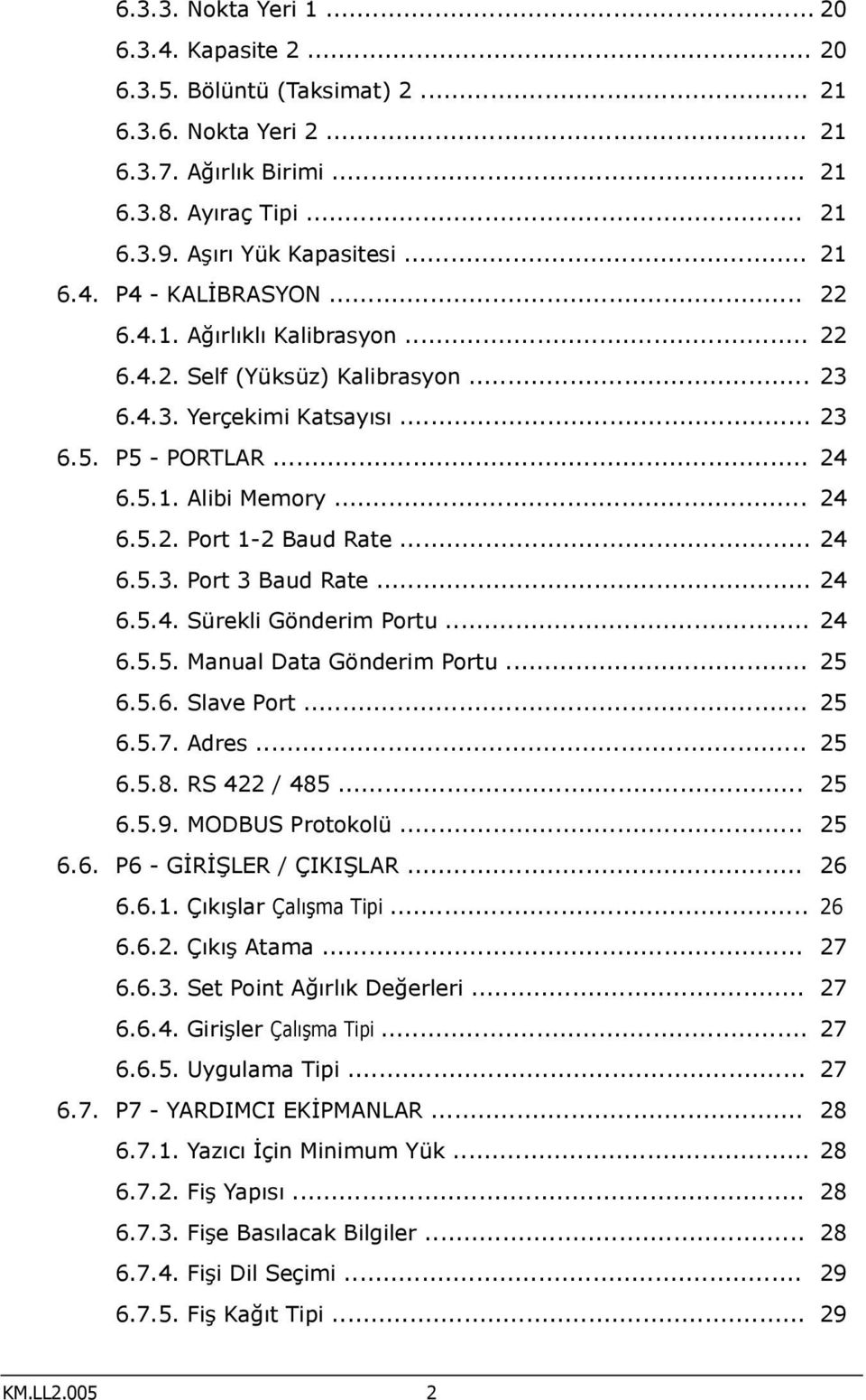 .. 24 6.5.4. Sürekli Gönderim Portu... 24 6.5.5. Manual Data Gönderim Portu... 25 6.5.6. Slave Port... 25 6.5.7. Adres... 25 6.5.8. RS 422 / 485... 25 6.5.9. MODBUS Protokolü... 25 6.6. P6 - GİRİŞLER / ÇIKIŞLAR.