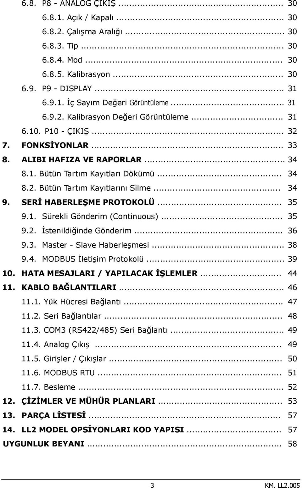 .. 34 9. SERİ HABERLEŞME PROTOKOLÜ... 35 9.1. Sürekli Gönderim (Continuous)... 35 9.2. İstenildiğinde Gönderim... 36 9.3. Master - Slave Haberleşmesi... 38 9.4. MODBUS İletişim Protokolü... 39 10.