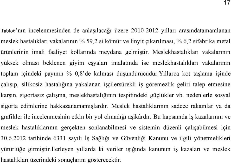 Meslekhastalıkları vakalarının yüksek olması beklenen giyim eşyaları imalatında ise meslekhastalıkları vakalarının toplam içindeki payının % 0,8 de kalması düşündürücüdür.