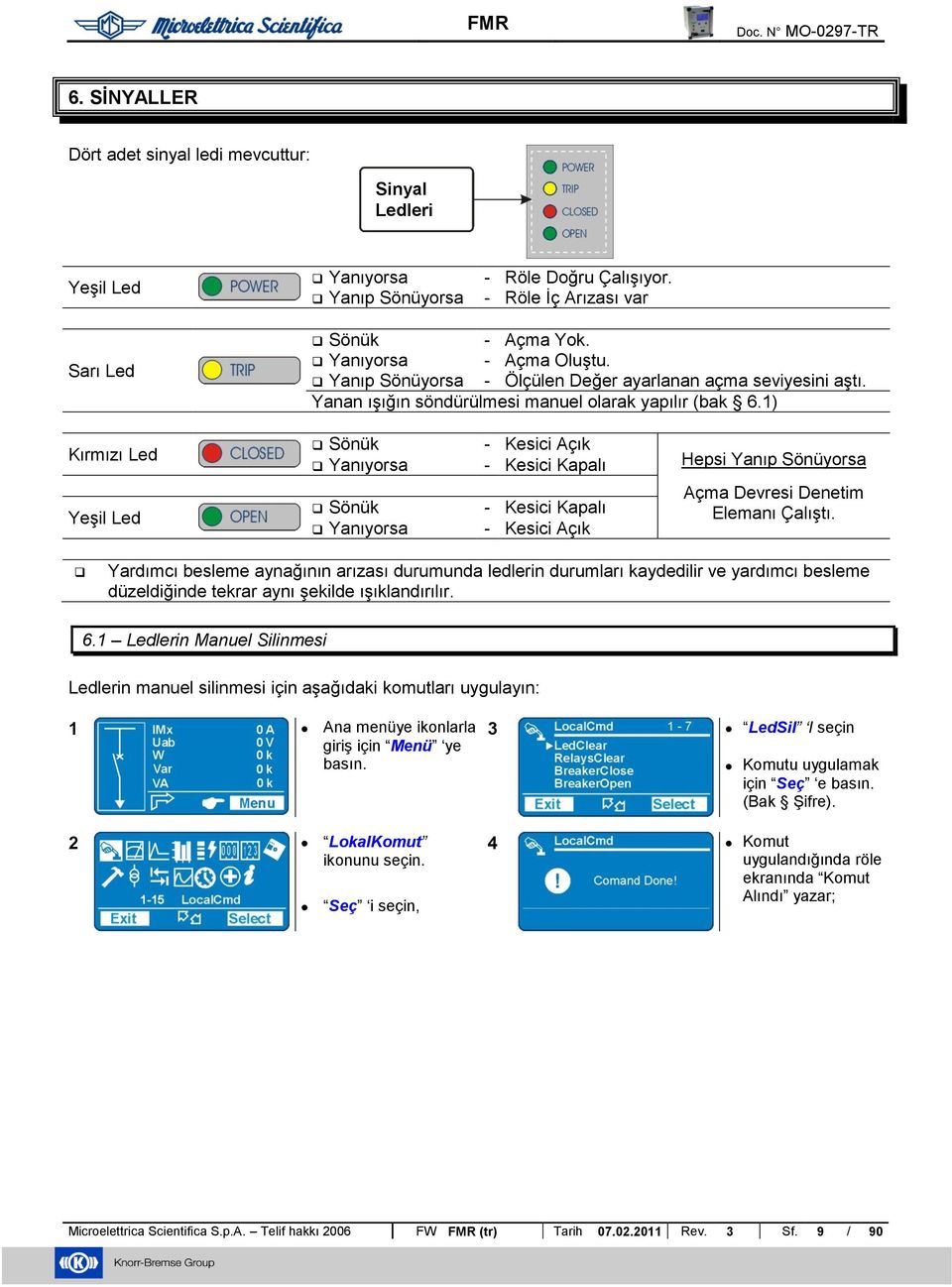 1) Kırmızı Led YeĢil Led Sönük Yanıyorsa Sönük Yanıyorsa - Kesici Açık - Kesici Kapalı - Kesici Kapalı - Kesici Açık Hepsi Yanıp Sönüyorsa Açma Devresi Denetim Elemanı ÇalıĢtı.