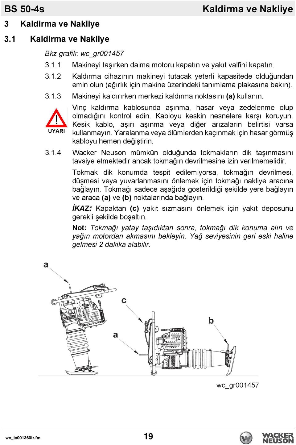 Kesik kablo, aşırı aşınma veya diğer arızaların belirtisi varsa UYARI kullanmayın. Yaralanma veya ölümlerden kaçınmak için hasar görmüş kabloyu hemen değiştirin. 3.1.