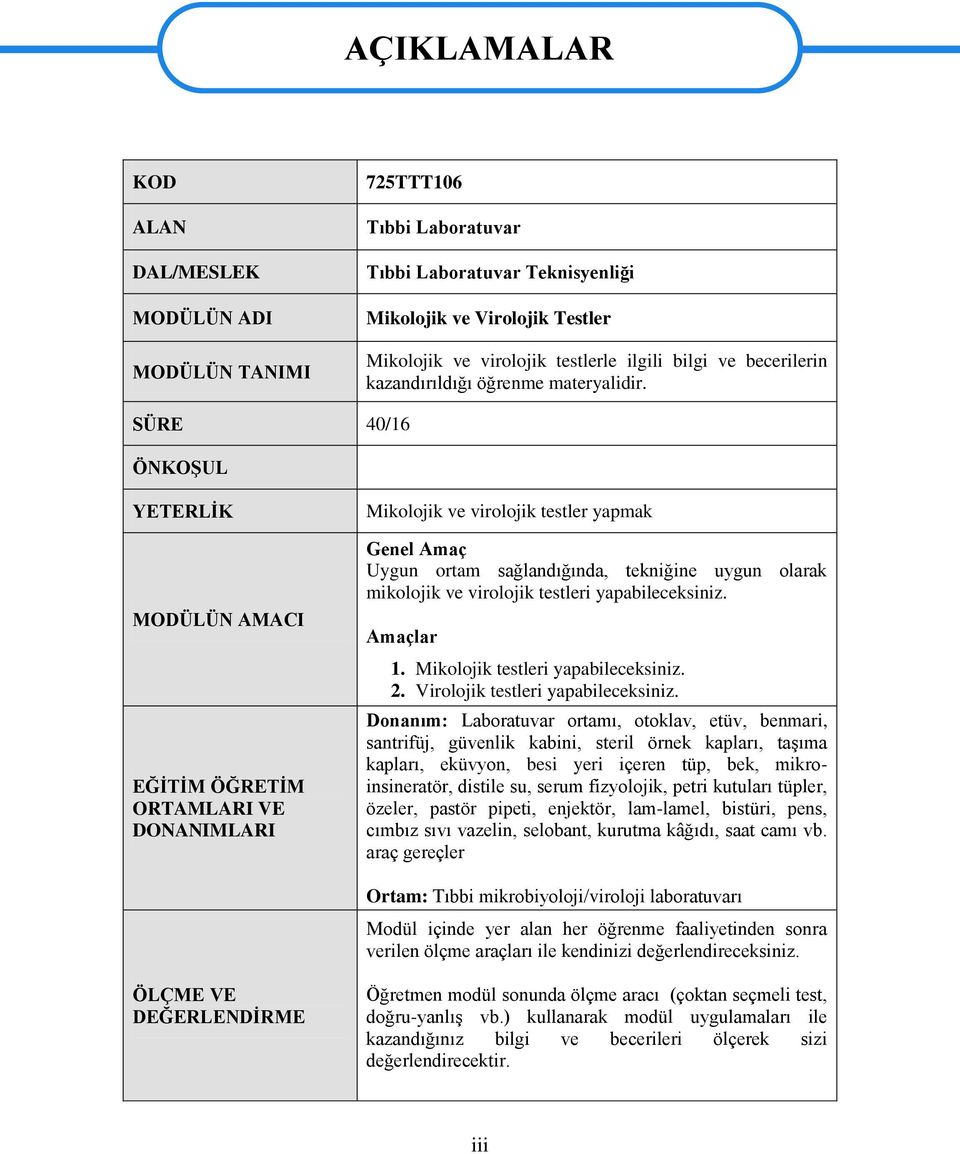 SÜRE 40/16 ÖNKOġUL YETERLĠK MODÜLÜN AMACI EĞĠTĠM ÖĞRETĠM ORTAMLARI VE DONANIMLARI Mikolojik ve virolojik testler yapmak Genel Amaç Uygun ortam sağlandığında, tekniğine uygun olarak mikolojik ve