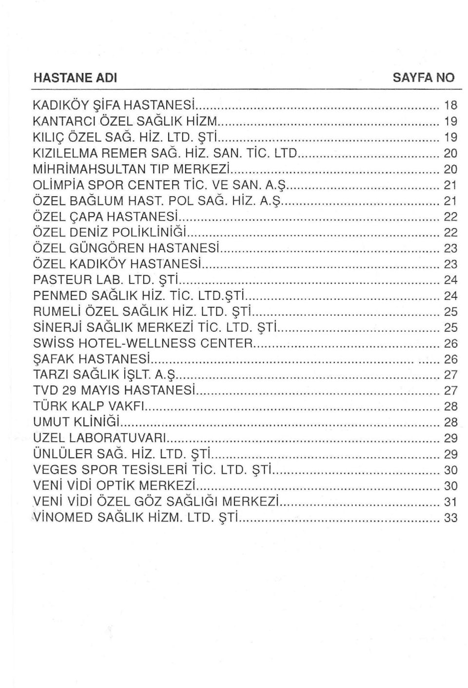 .. 23 ÖZEL KADlKÖY HASTANESi... 23 PASTEUR LAB. LTD. ŞTi.......................... 24 PENMED SAGLIK HiZ. TiC. LTD.ŞTi........... 24 RUMELi ÖZEL SAGLIK HiZ. LTD. ŞTi......... 25 SiNERJi SAGLIK MERKEZi TiC.