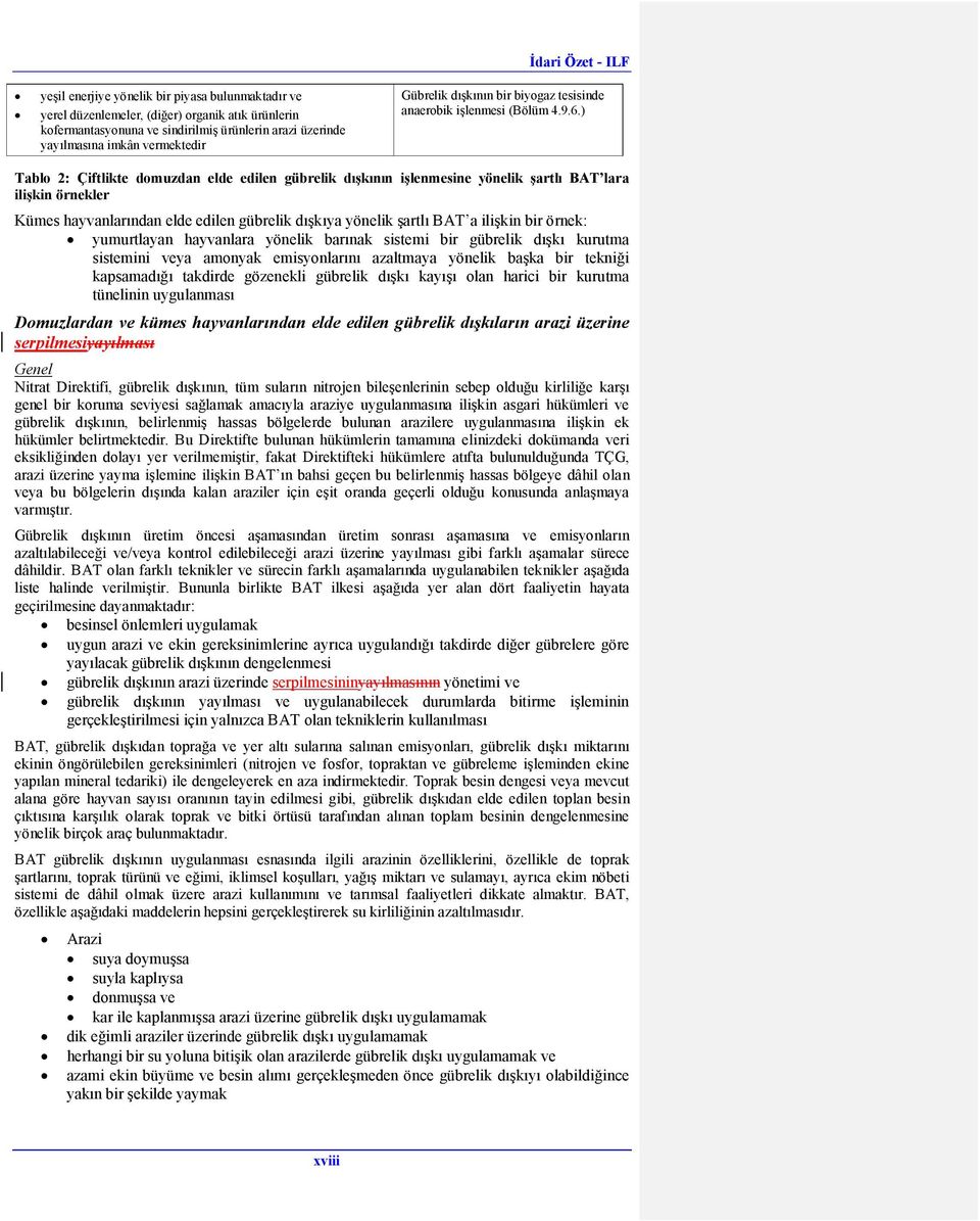 ) Tablo 2: Çiftlikte domuzdan elde edilen gübrelik dışkının işlenmesine yönelik şartlı BAT lara ilişkin örnekler Kümes hayvanlarından elde edilen gübrelik dışkıya yönelik şartlı BAT a ilişkin bir