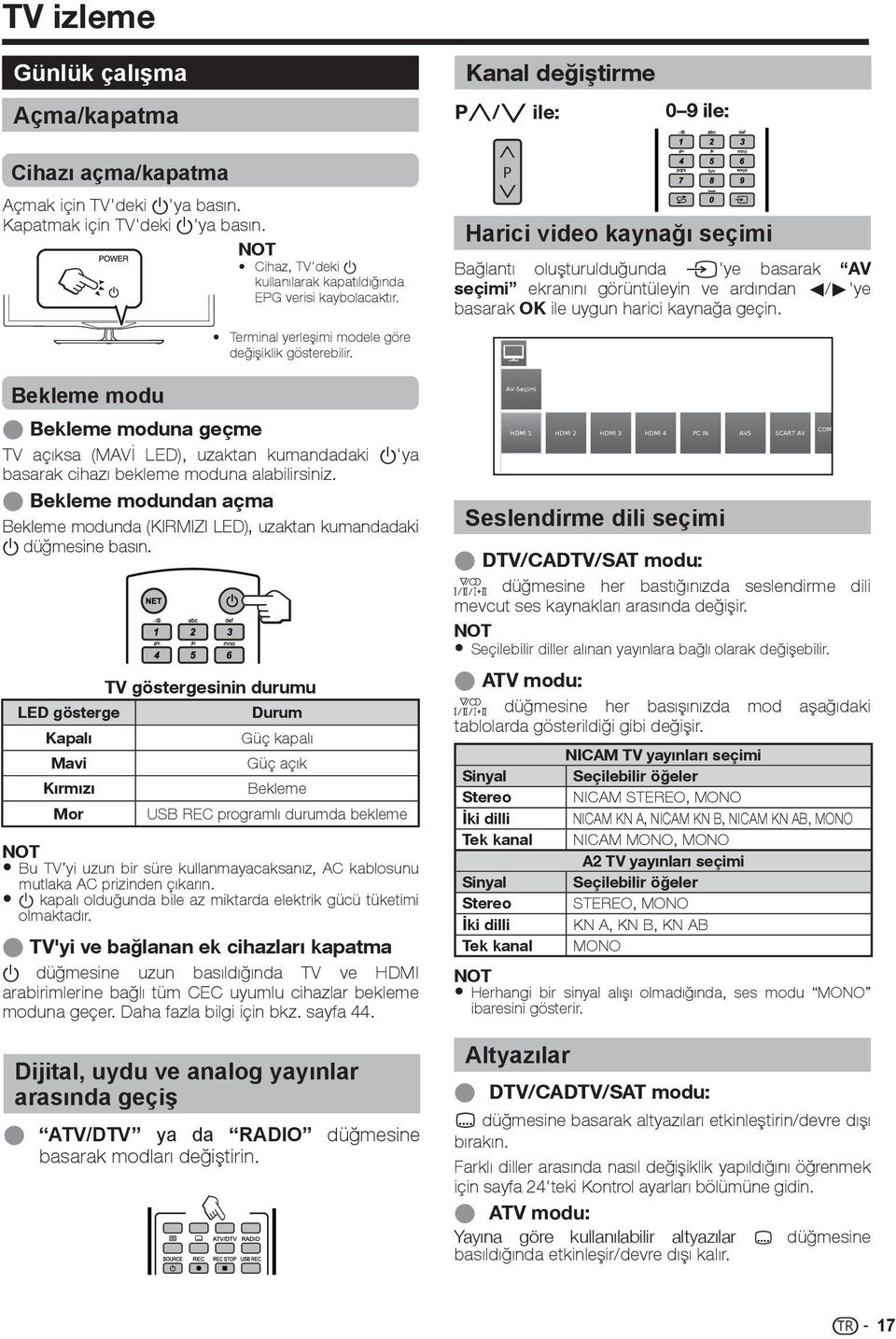 E Bekleme moduna geçme TV açıksa (MAVİ LED), uzaktan kumandadaki a'ya basarak cihazı bekleme moduna alabilirsiniz.