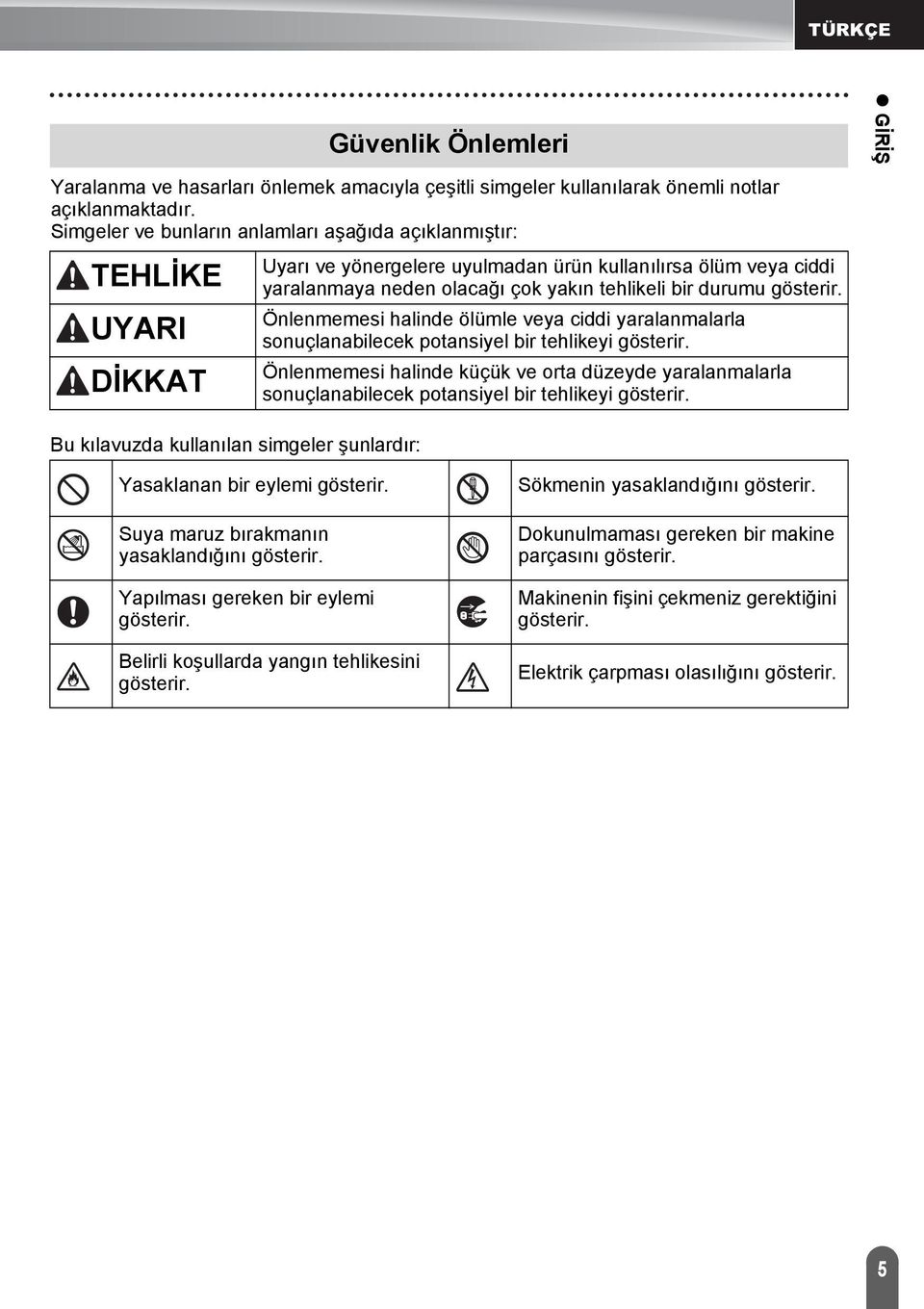 neden olacağı çok yakın tehlikeli bir durumu gösterir. Önlenmemesi halinde ölümle veya ciddi yaralanmalarla sonuçlanabilecek potansiyel bir tehlikeyi gösterir.