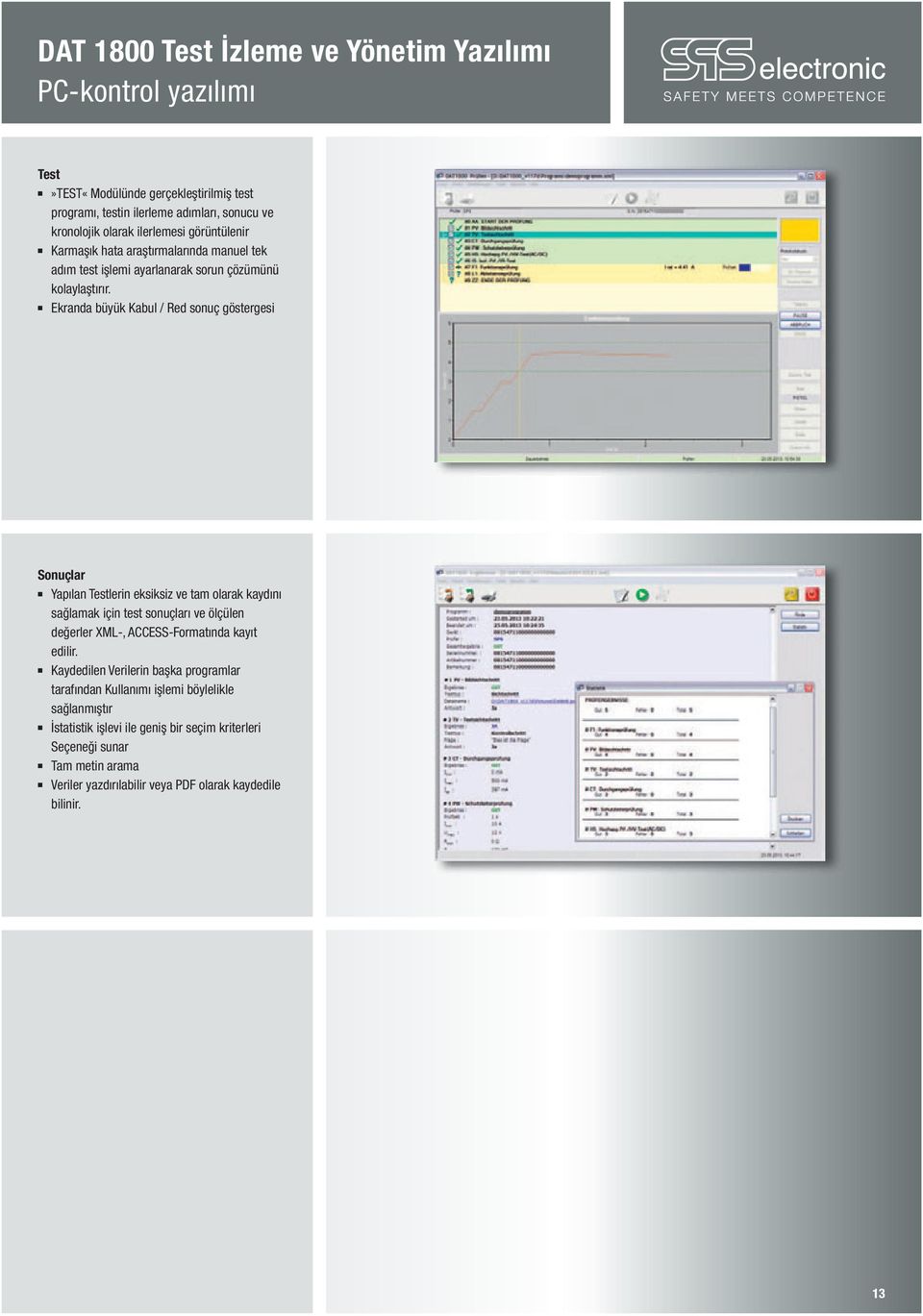 Q Ekranda büyük Kabul / Red sonuç göstergesi Sonuçlar Q Yapılan Testlerin eksiksiz ve tam olarak kaydını sağlamak için test sonuçları ve ölçülen değerler XML-, ACCESS-Formatında