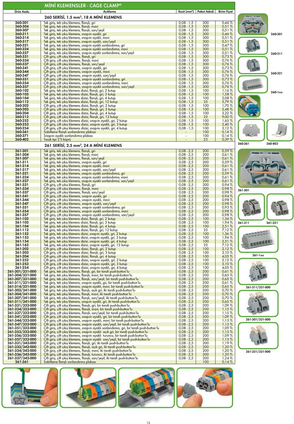 klemens, flanşlı, sarı/yeşil 0,08-1,5 300 0,51 TL 260-311 Tek giriş, tek çıkış klemens, snap-in ayaklı, gri 0,08-1,5 300 0,46 TL 260-314 Tek giriş, tek çıkış klemens, snap-in ayaklı, mavi 0,08-1,5