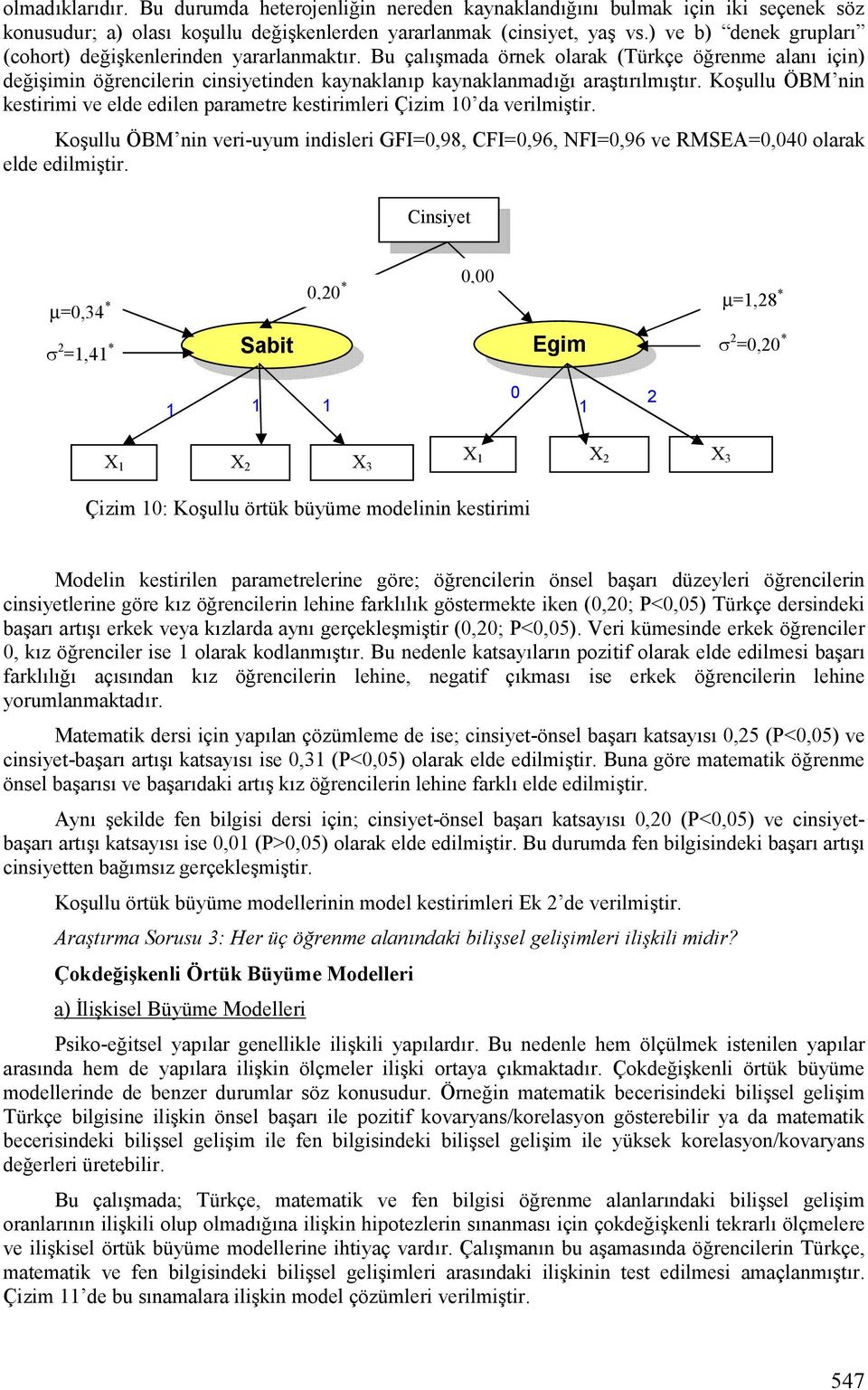 Ko*ullu ÖBM nin kestirimi ve elde edilen parametre kestirimleri Çizim 10 da verilmi*tir. Ko*ullu ÖBM nin veri-uyum indisleri GFI=0,98, CFI=0,96, NFI=0,96 ve RMSEA=0,040 olarak elde edilmi*tir.