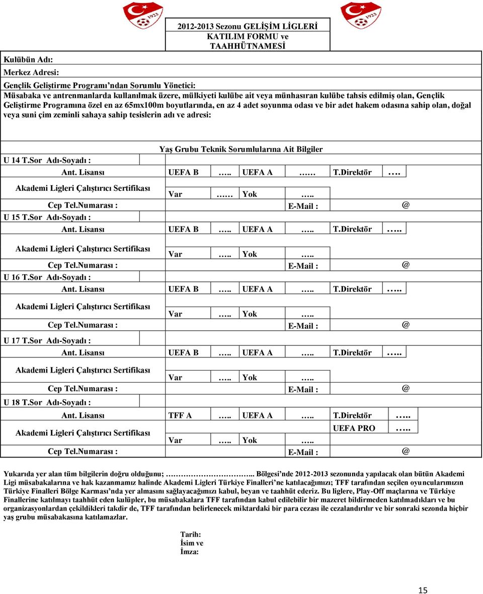 çim zeminli sahaya sahip tesislerin adı ve adresi: Yaş Grubu Teknik Sorumlularına Ait Bilgiler U 14 T.Sor Adı-Soyadı : Ant. Lisansı UEFA B.. UEFA A T.Direktör.