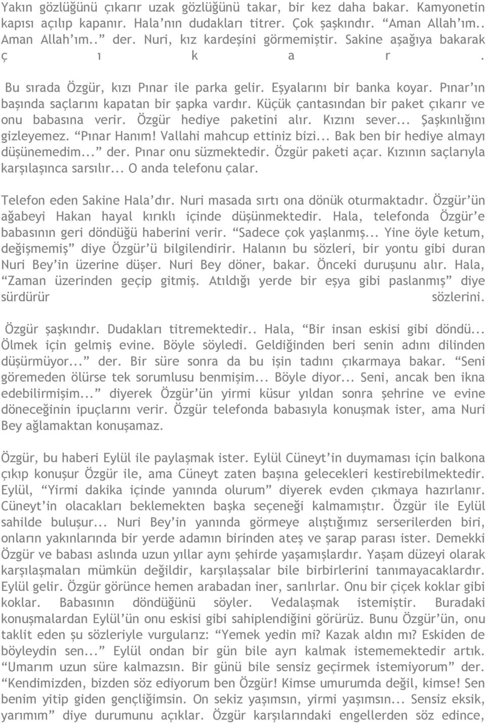 Küçük çantasından bir paket çıkarır ve onu babasına verir. Özgür hediye paketini alır. Kızını sever... Şaşkınlığını gizleyemez. Pınar Hanım! Vallahi mahcup ettiniz bizi.