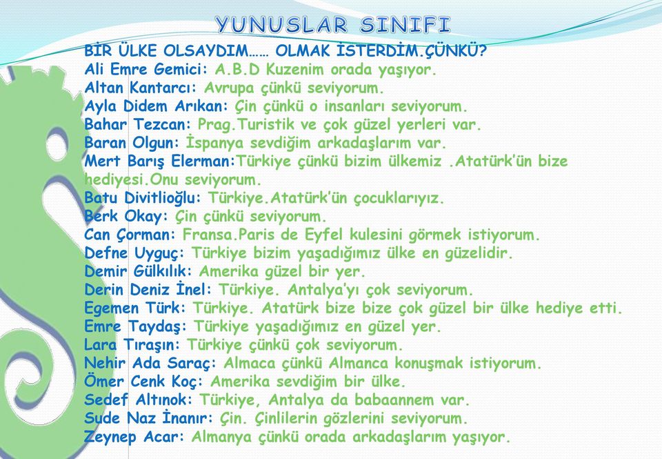 Atatürk ün çocuklarıyız. Berk Okay: Çin çünkü seviyorum. Can Çorman: Fransa.Paris de Eyfel kulesini görmek istiyorum. Defne Uyguç: Türkiye bizim yaģadığımız ülke en güzelidir.