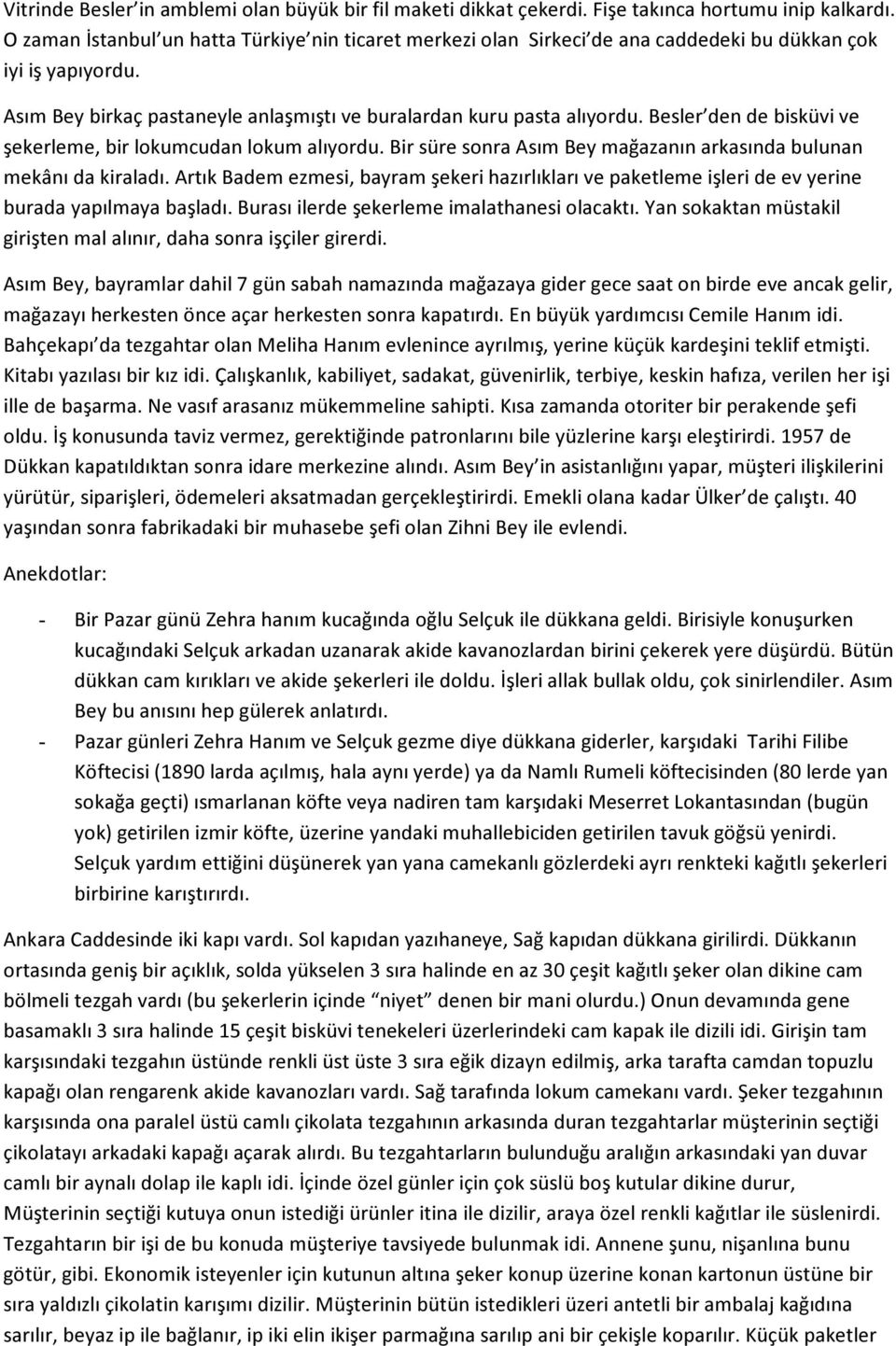 Besler den de bisküvi ve şekerleme, bir lokumcudan lokum alıyordu. Bir süre sonra Asım Bey mağazanın arkasında bulunan mekânı da kiraladı.