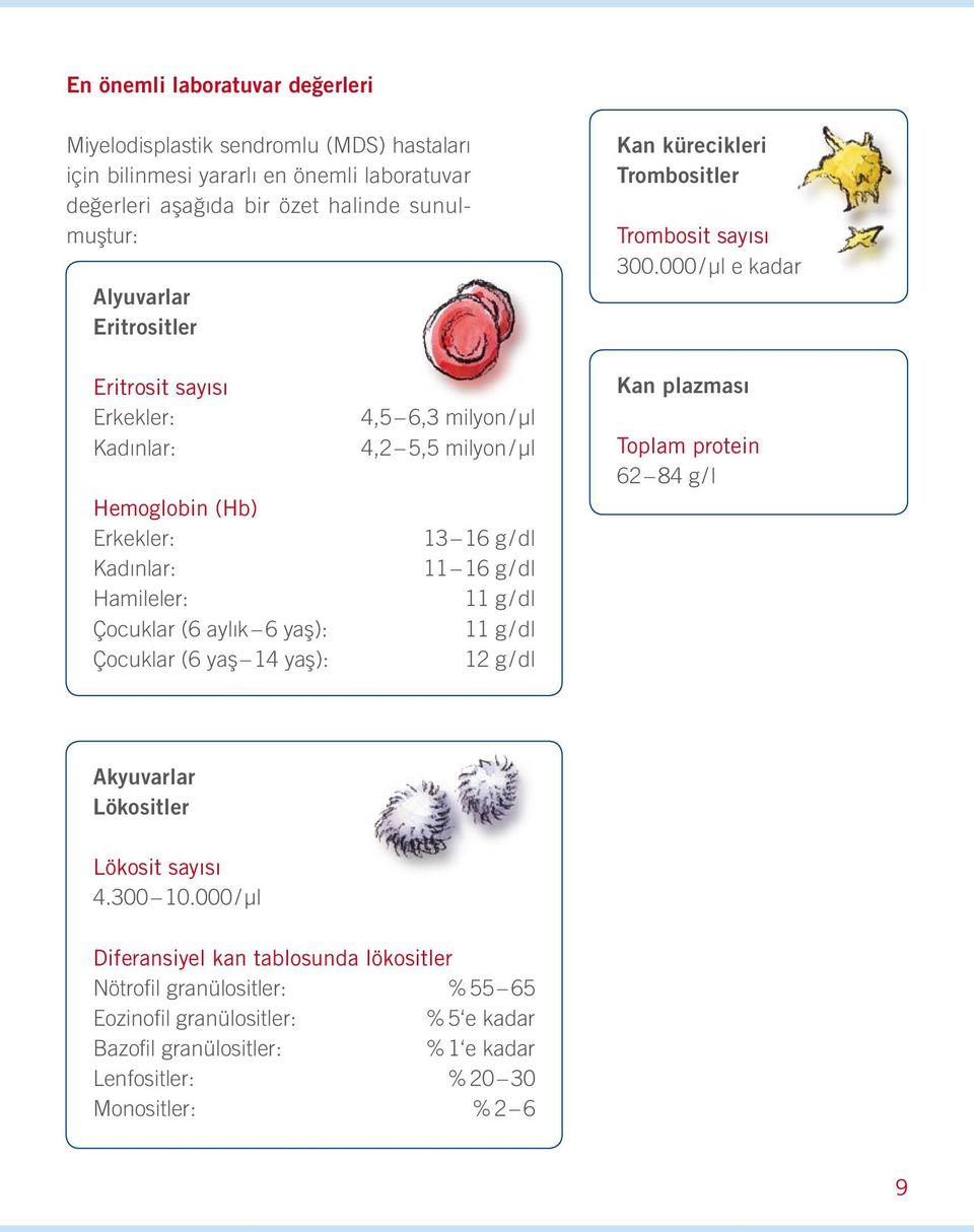 000 / µl e kadar Eritrosit sayısı Erkekler: Kadınlar: Hemoglobin (Hb) Erkekler: Kadınlar: Hamileler: Çocuklar (6 aylık 6 yaş): Çocuklar (6 yaş 14 yaş): 4,5 6,3 milyon / μl 4,2 5,5 milyon / μl