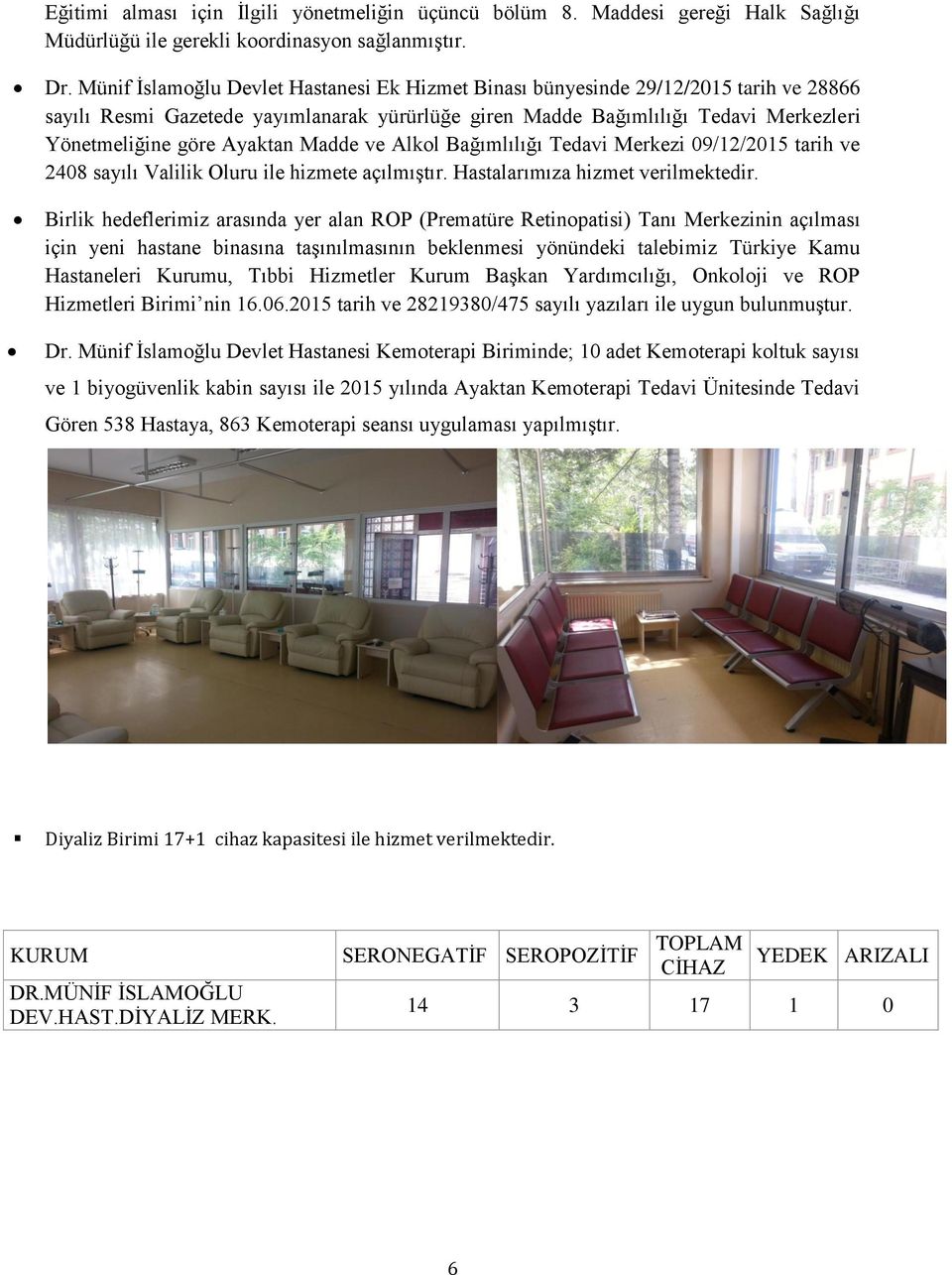 Madde ve Alkol Bağımlılığı Tedavi Merkezi 09/2/205 tarih ve 2408 sayılı Valilik Oluru ile hizmete açılmıştır. Hastalarımıza hizmet verilmektedir.