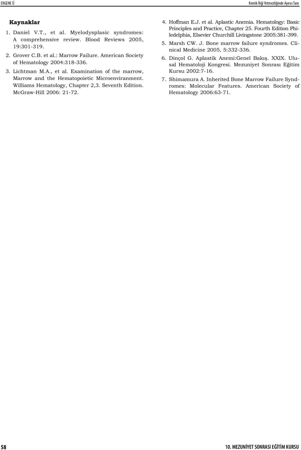 McGraw-Hill 2006: 21-72. 4. Hoffman E.J. et al. Aplastic Anemia. Hematology: Basic Principles and Practice, Chapter 25. Fourth Edition Philedelphia, Elsevier Churchill Livingstone 2005:381-399. 5.