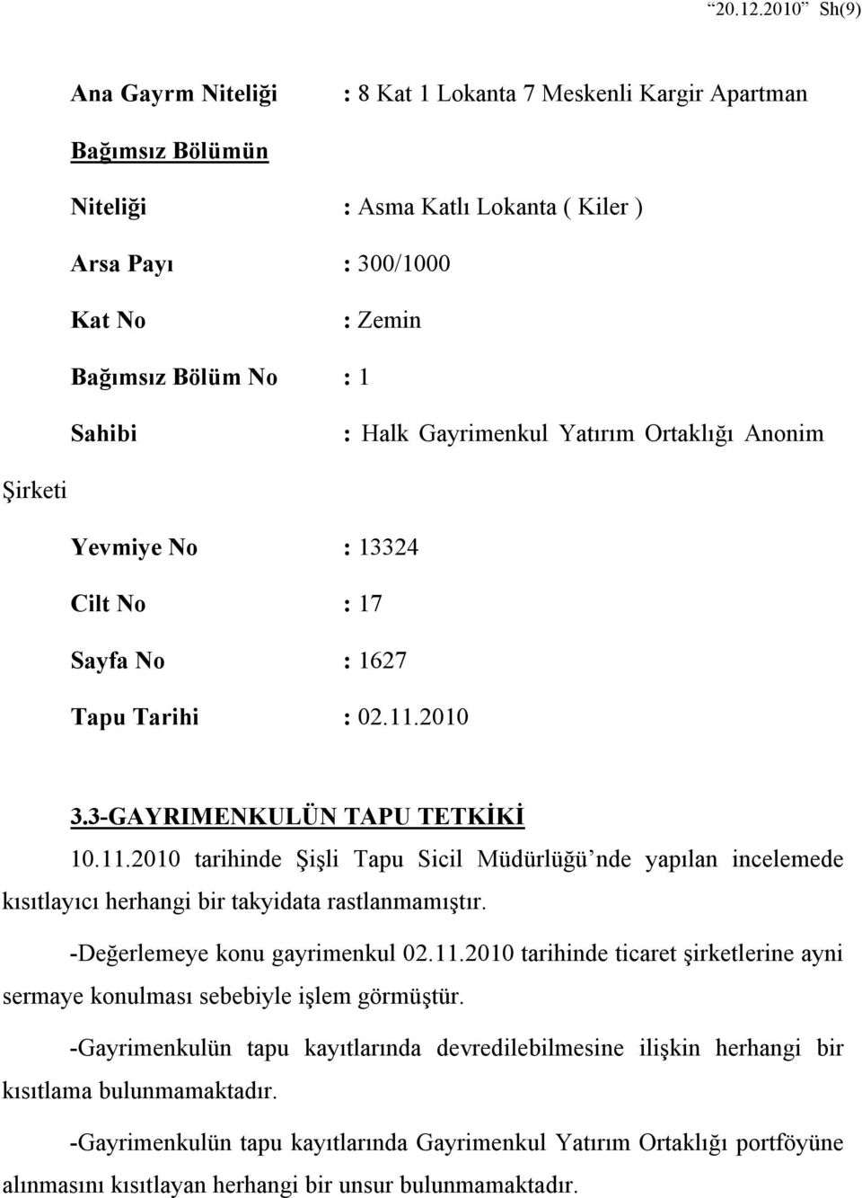 Halk Gayrimenkul Yatırım Ortaklığı Anonim Şirketi Yevmiye No : 13324 Cilt No : 17 Sayfa No : 1627 Tapu Tarihi : 02.11.