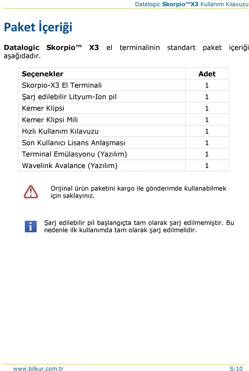 Kılavuzu 1 Son Kullanıcı Lisans Anlaşması 1 Terminal Emülasyonu (Yazılım) 1 Wavelink Avalance (Yazılım) 1 Orijinal ürün paketini