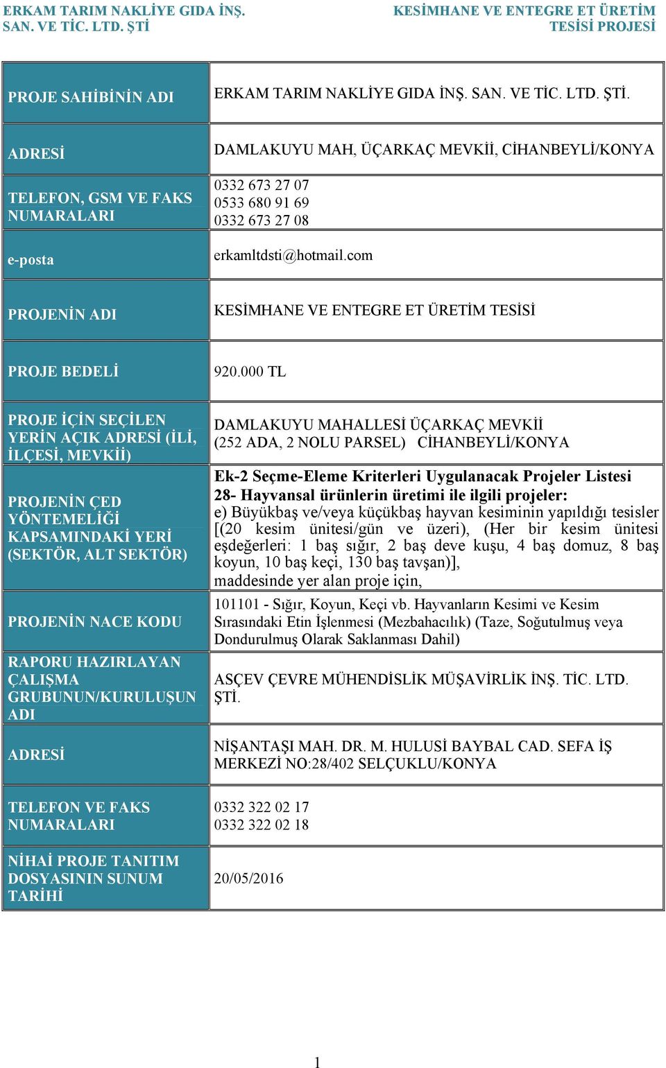 com PROJENİN ADI TESİSİ PROJE BEDELİ 920.