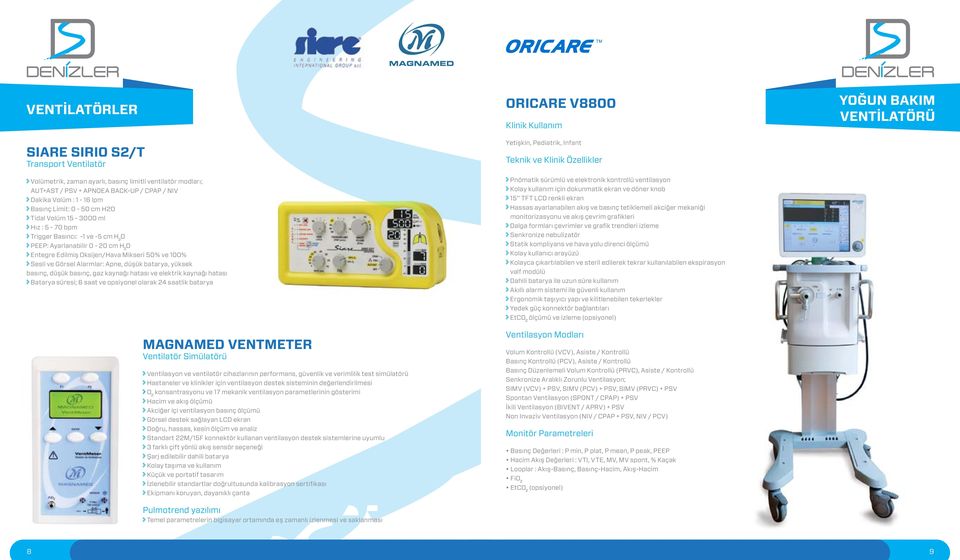 batarya, yüksek basınç, düşük basınç, gaz kaynağı hatası ve elektrik kaynağı hatası Batarya süresi; 6 saat ve opsiyonel olarak 24 saatlik batarya MAGNAMED VENTMETER Ventilatör Simülatörü Ventilasyon
